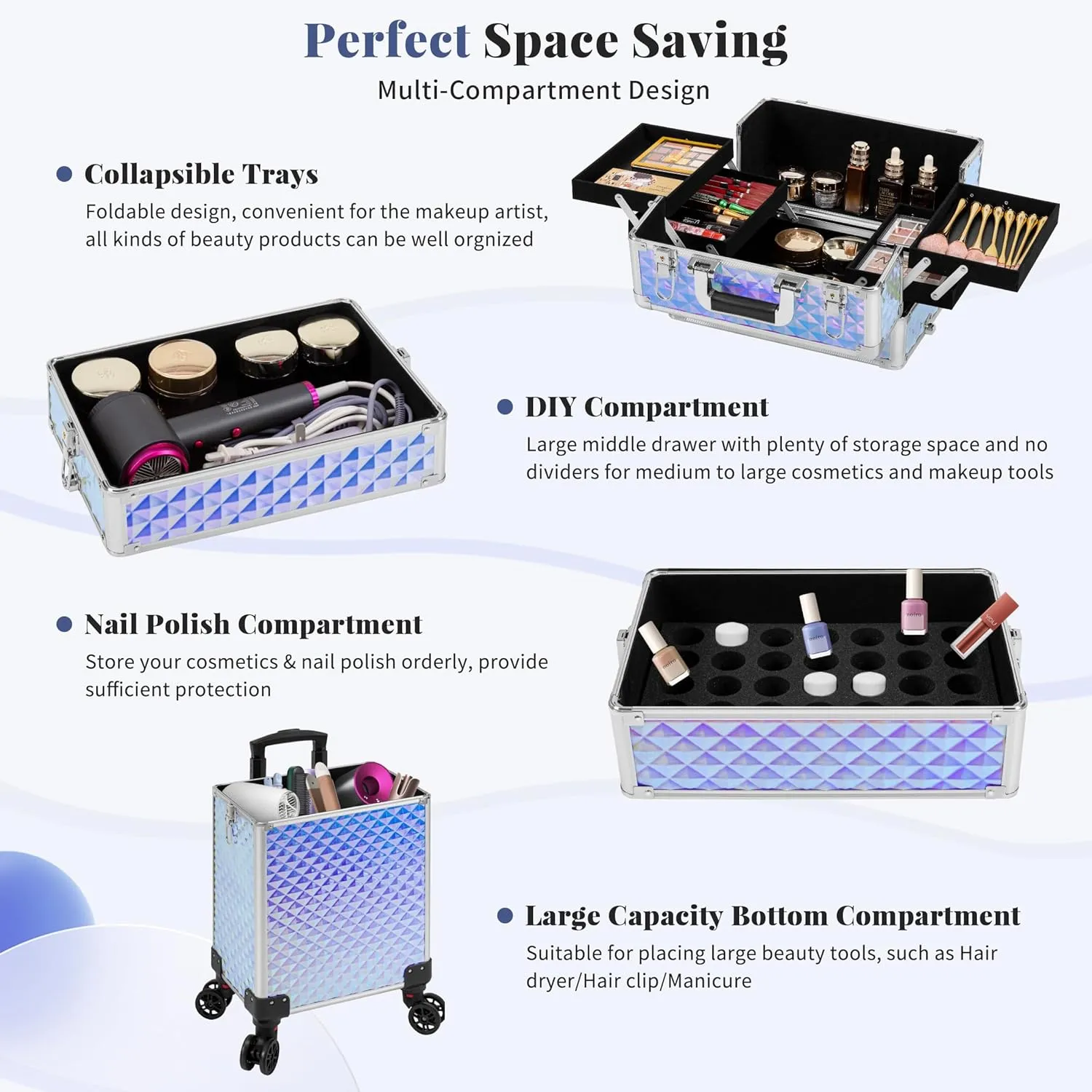 4 in 1 Professional Makeup Train Case Aluminum Cosmetic Case Rolling Case Extra Large Trolley Makeup Travel Organizer, with 360° Swivel Wheels for Nail Technicians, Makeup Artist