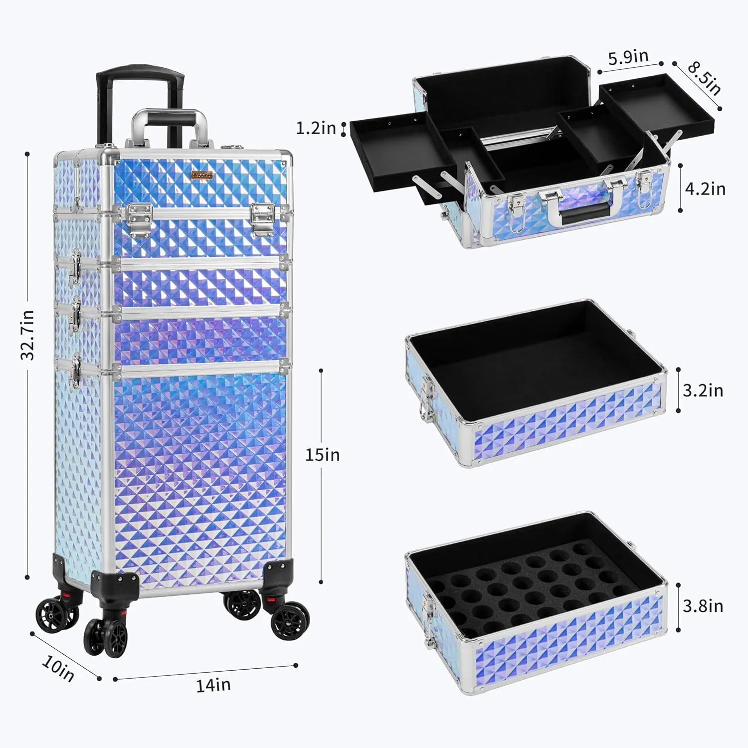 4 in 1 Professional Makeup Train Case Aluminum Cosmetic Case Rolling Case Extra Large Trolley Makeup Travel Organizer, with 360° Swivel Wheels for Nail Technicians, Makeup Artist