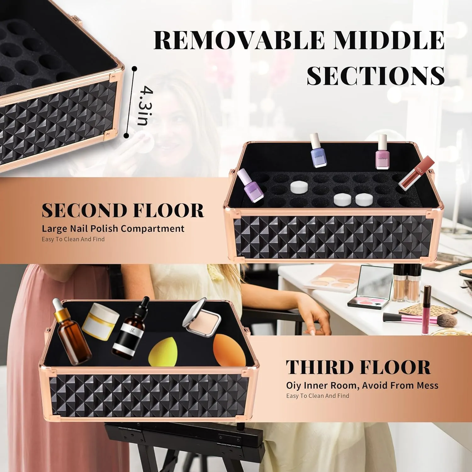 4 in 1 Professional Makeup Train Case Aluminum Cosmetic Case Rolling Makeup Case Extra Large Trolley Makeup Travel Organizer, with 360° Swivel Wheels for Make Up Hairstylists Nail Tech, Black