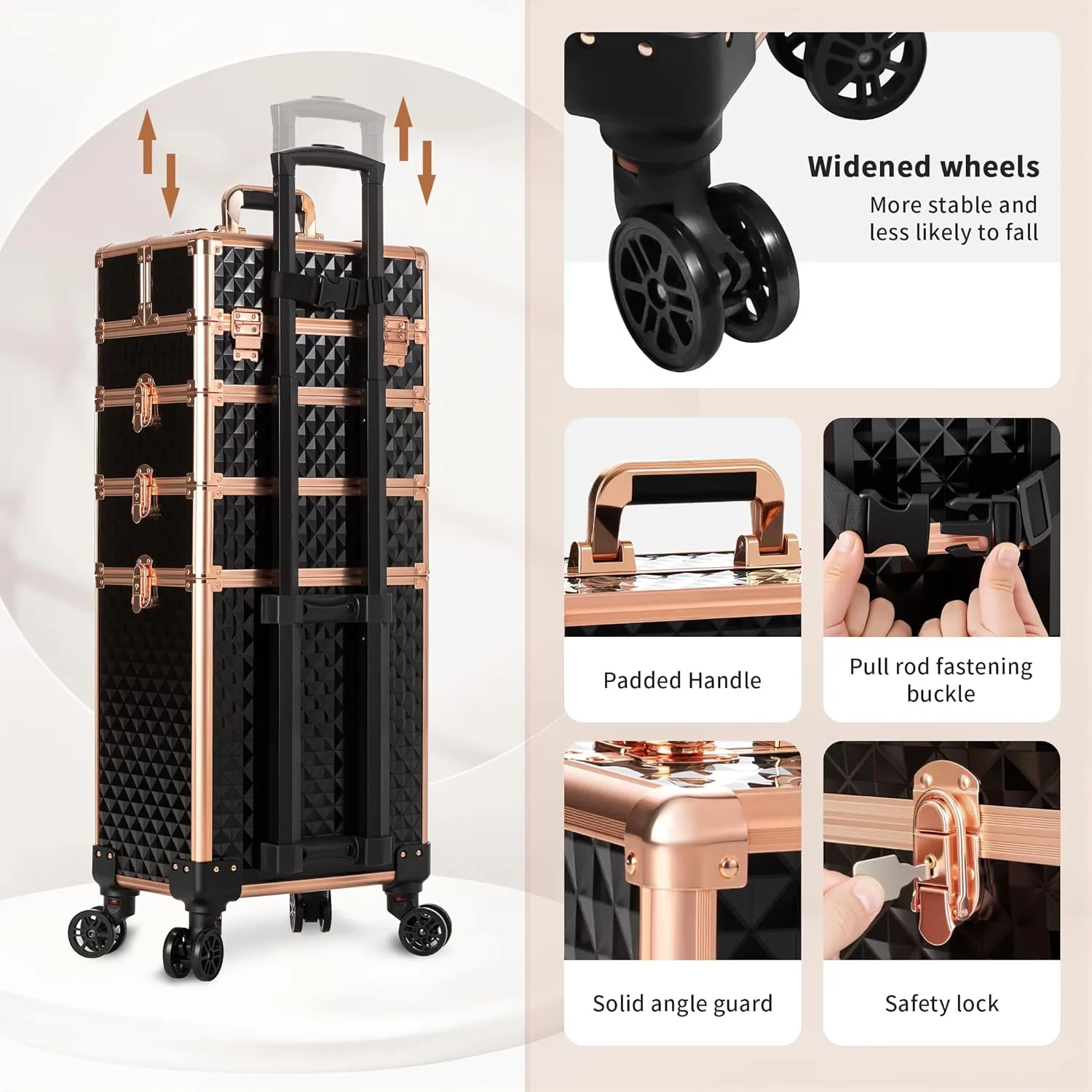 4 in 1 Professional Makeup Train Case Aluminum Cosmetic Case Rolling Makeup Case Extra Large Trolley Makeup Travel Organizer, with 360° Swivel Wheels for Make Up Hairstylists Nail Tech, Black