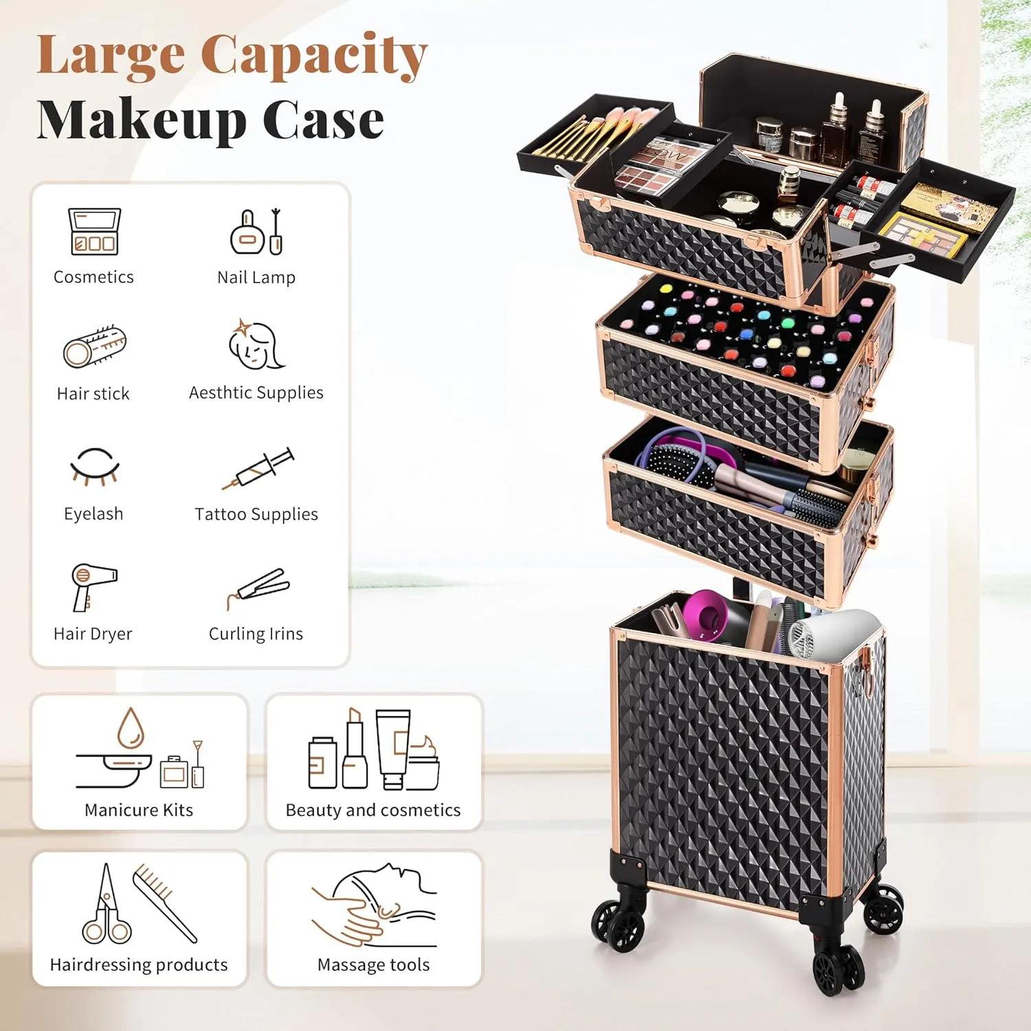 4 in 1 Professional Makeup Train Case Aluminum Cosmetic Case Rolling Makeup Case Extra Large Trolley Makeup Travel Organizer, with 360° Swivel Wheels for Make Up Hairstylists Nail Tech, Black