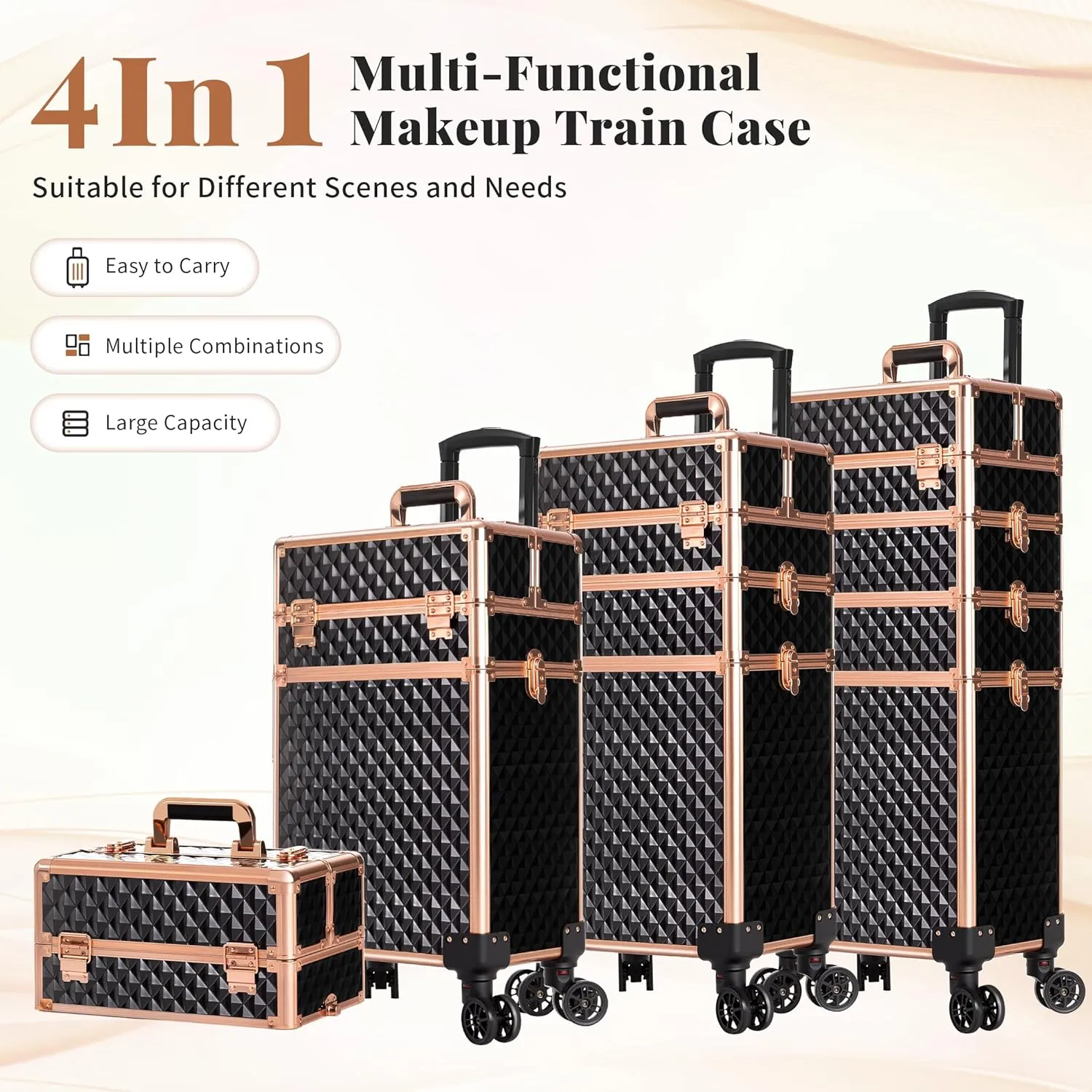 4 in 1 Professional Makeup Train Case Aluminum Cosmetic Case Rolling Makeup Case Extra Large Trolley Makeup Travel Organizer, with 360° Swivel Wheels for Make Up Hairstylists Nail Tech, Black