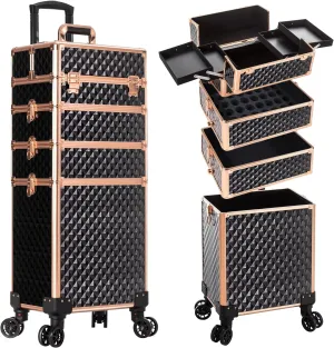 4 in 1 Professional Makeup Train Case Aluminum Cosmetic Case Rolling Makeup Case Extra Large Trolley Makeup Travel Organizer, with 360° Swivel Wheels for Make Up Hairstylists Nail Tech, Black
