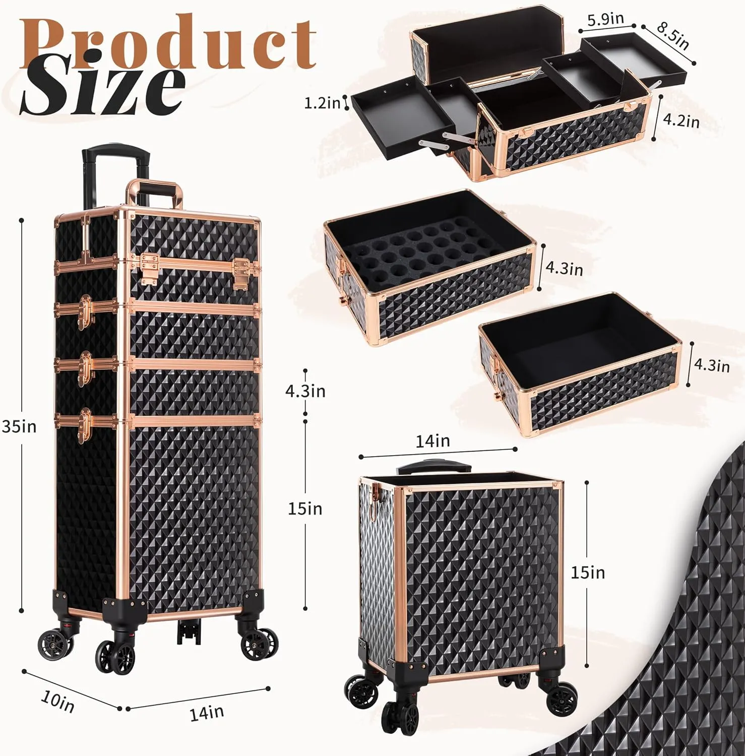 4 in 1 Professional Makeup Train Case Aluminum Cosmetic Case Rolling Makeup Case Extra Large Trolley Makeup Travel Organizer, with 360° Swivel Wheels for Make Up Hairstylists Nail Tech, Black