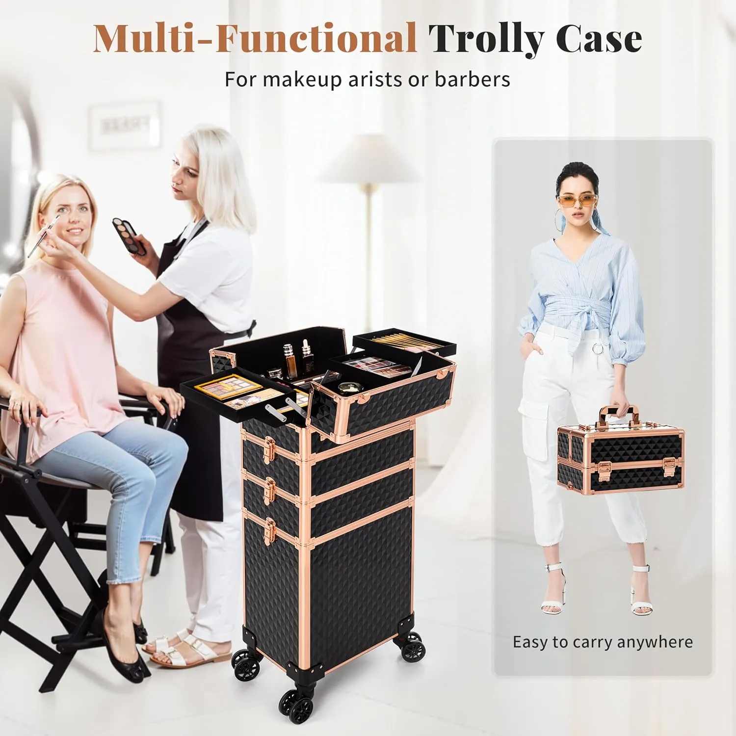 4 in 1 Professional Makeup Train Case Aluminum Cosmetic Case Rolling Makeup Case Extra Large Trolley Makeup Travel Organizer, with 360° Swivel Wheels for Make Up Hairstylists Nail Tech, Black