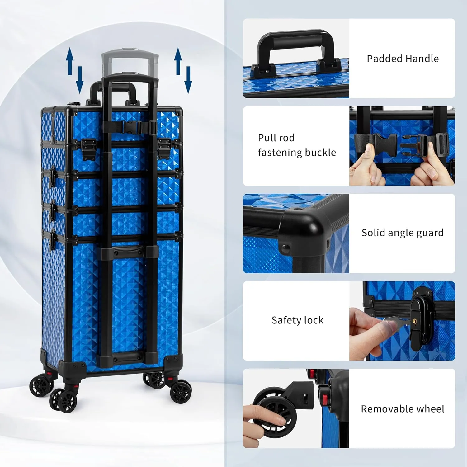 4 in 1 Professional Makeup Train Case Aluminum Cosmetic Case Rolling Makeup Case Extra Large Trolley Makeup Travel Organizer, with 360° Swivel Wheels for Make Up Hairstylists Nail Tech, Blue