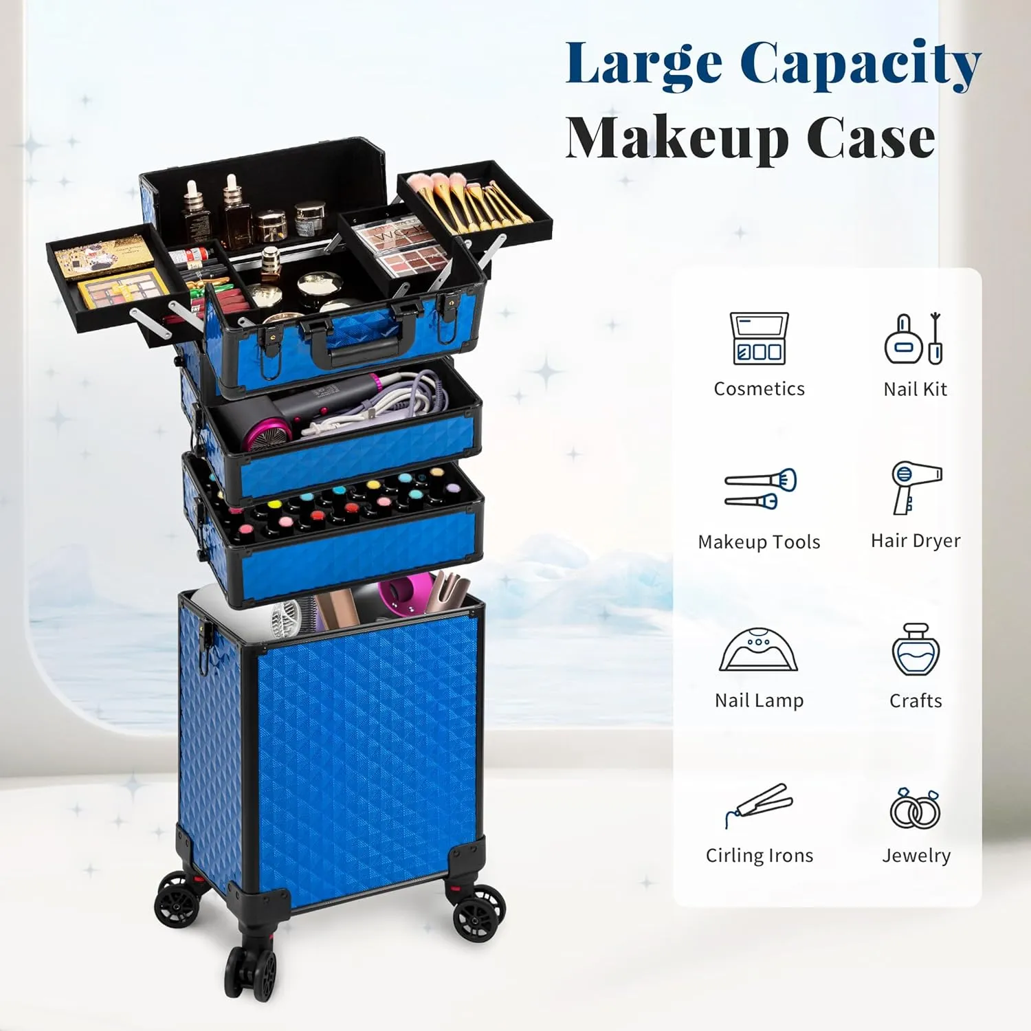4 in 1 Professional Makeup Train Case Aluminum Cosmetic Case Rolling Makeup Case Extra Large Trolley Makeup Travel Organizer, with 360° Swivel Wheels for Make Up Hairstylists Nail Tech, Blue