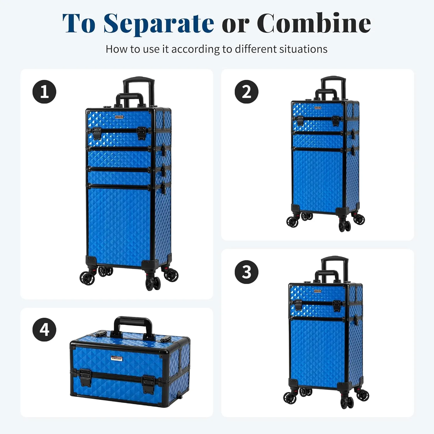 4 in 1 Professional Makeup Train Case Aluminum Cosmetic Case Rolling Makeup Case Extra Large Trolley Makeup Travel Organizer, with 360° Swivel Wheels for Make Up Hairstylists Nail Tech, Blue
