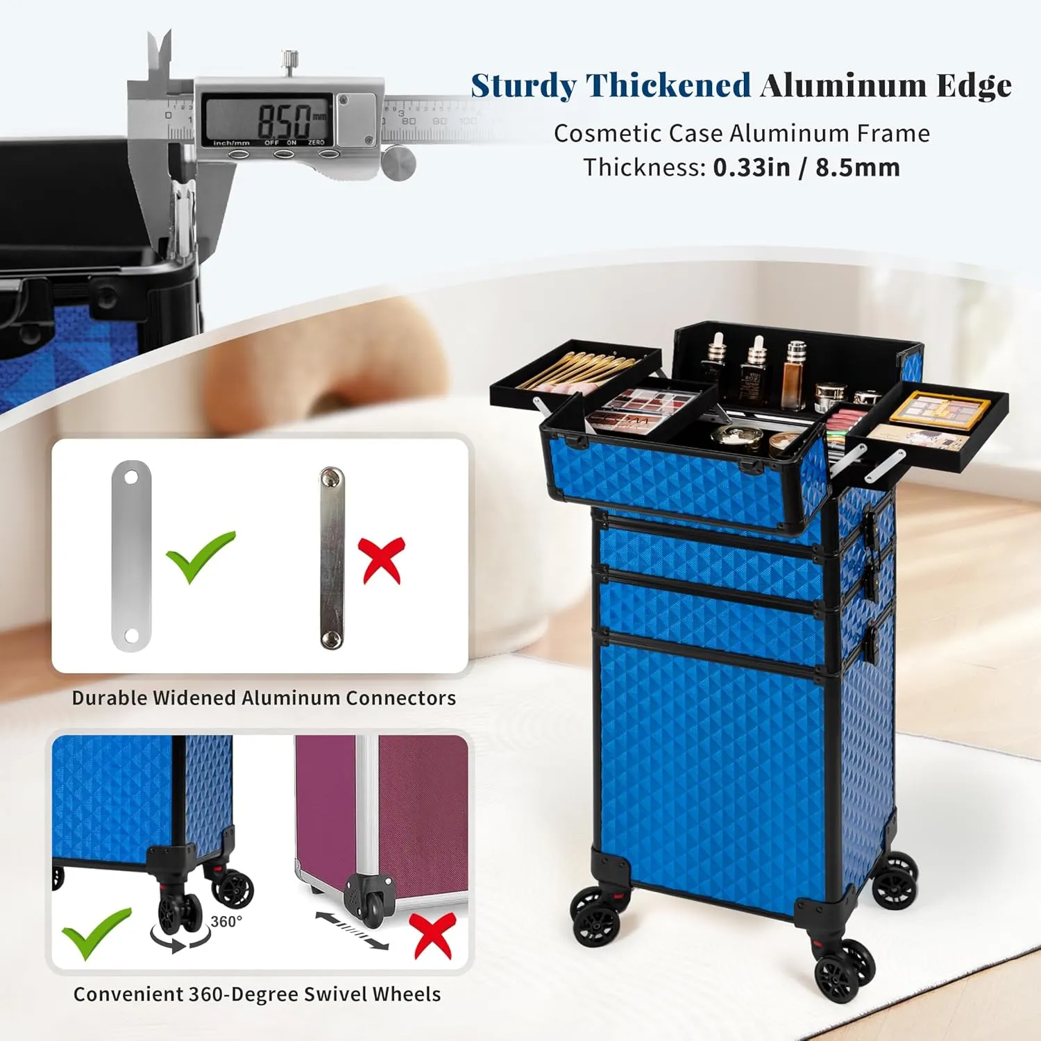4 in 1 Professional Makeup Train Case Aluminum Cosmetic Case Rolling Makeup Case Extra Large Trolley Makeup Travel Organizer, with 360° Swivel Wheels for Make Up Hairstylists Nail Tech, Blue