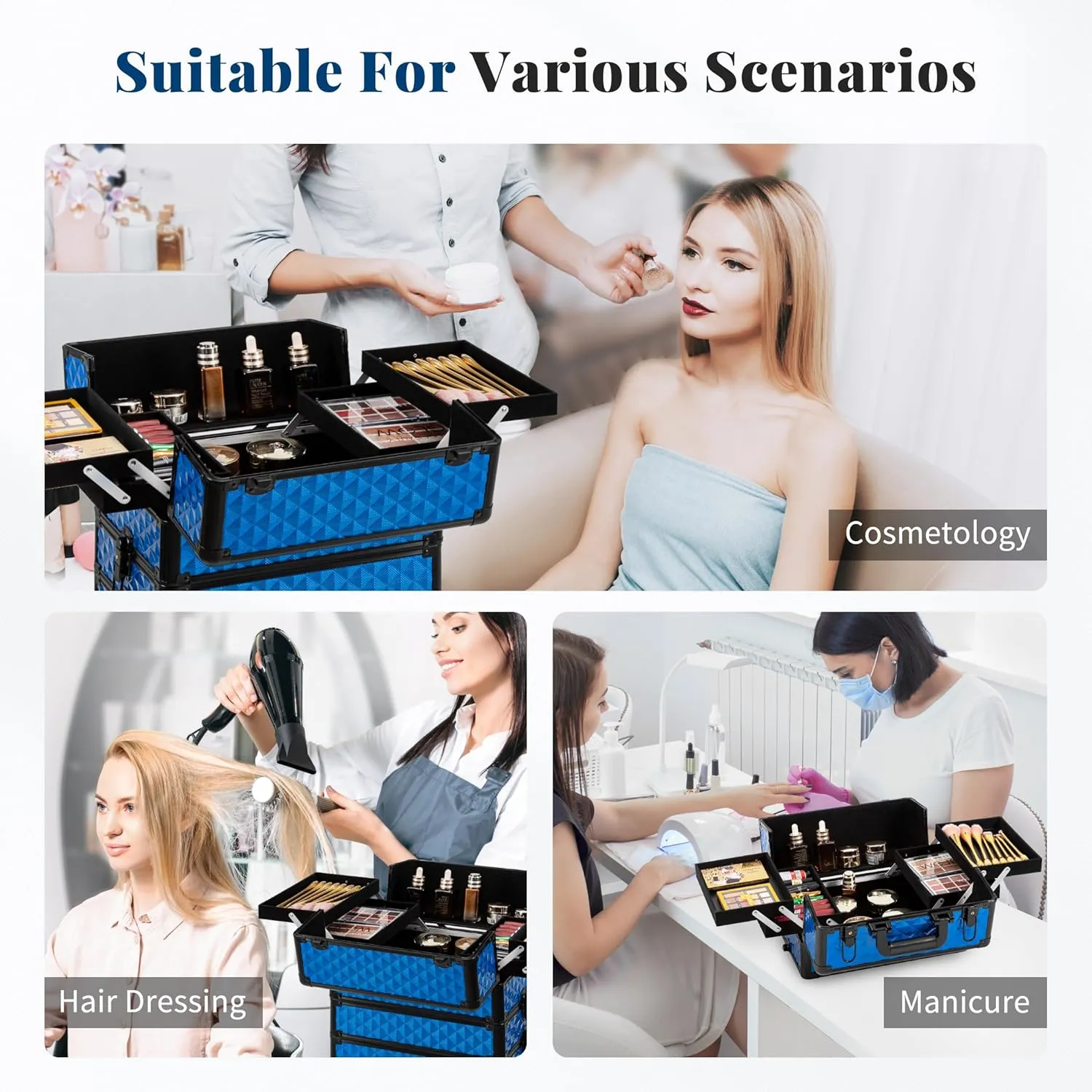 4 in 1 Professional Makeup Train Case Aluminum Cosmetic Case Rolling Makeup Case Extra Large Trolley Makeup Travel Organizer, with 360° Swivel Wheels for Make Up Hairstylists Nail Tech, Blue