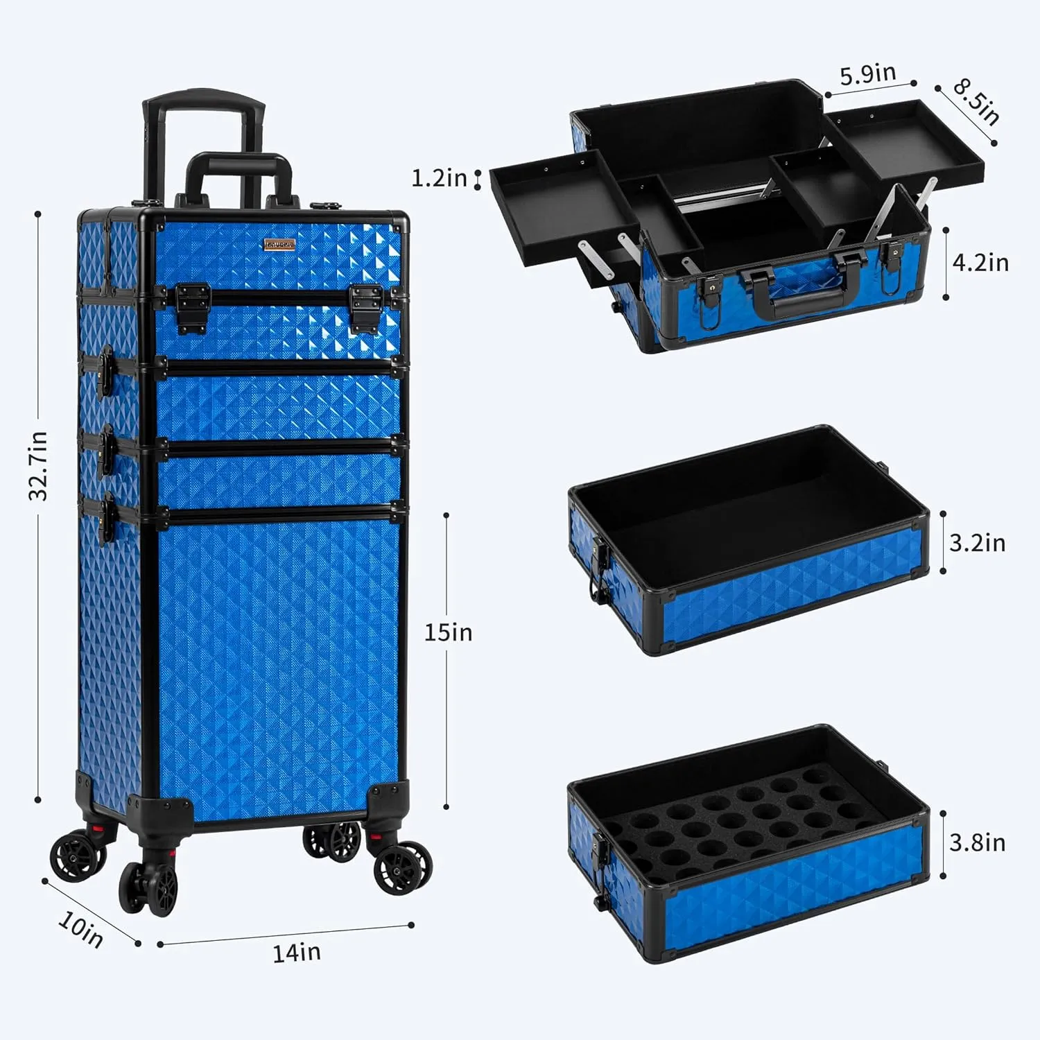 4 in 1 Professional Makeup Train Case Aluminum Cosmetic Case Rolling Makeup Case Extra Large Trolley Makeup Travel Organizer, with 360° Swivel Wheels for Make Up Hairstylists Nail Tech, Blue