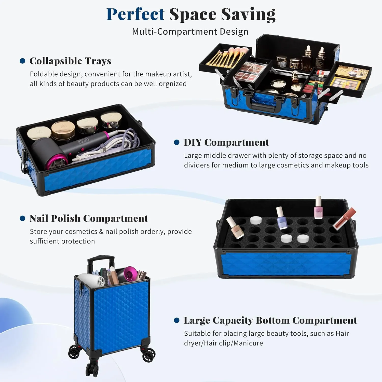 4 in 1 Professional Makeup Train Case Aluminum Cosmetic Case Rolling Makeup Case Extra Large Trolley Makeup Travel Organizer, with 360° Swivel Wheels for Make Up Hairstylists Nail Tech, Blue