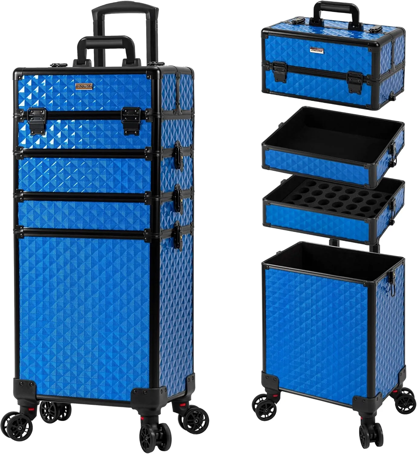 4 in 1 Professional Makeup Train Case Aluminum Cosmetic Case Rolling Makeup Case Extra Large Trolley Makeup Travel Organizer, with 360° Swivel Wheels for Make Up Hairstylists Nail Tech, Blue