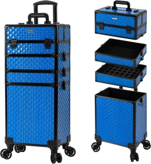4 in 1 Professional Makeup Train Case Aluminum Cosmetic Case Rolling Makeup Case Extra Large Trolley Makeup Travel Organizer, with 360° Swivel Wheels for Make Up Hairstylists Nail Tech, Blue