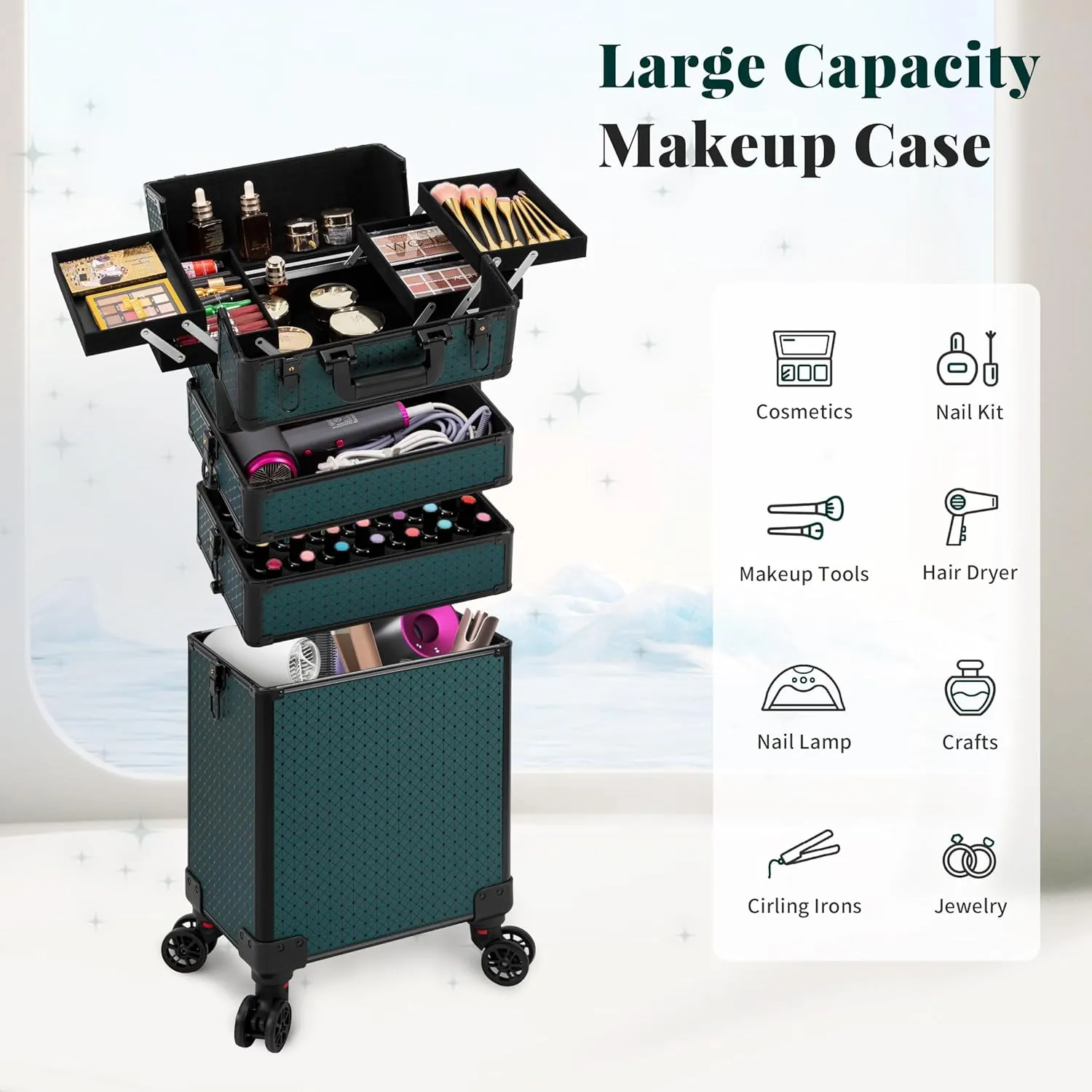 4 in 1 Professional Makeup Train Case Aluminum Cosmetic Case Rolling Makeup Case Extra Large Trolley Makeup Travel Organizer, with 360° Swivel Wheels for Make Up Hairstylists Nail Tech