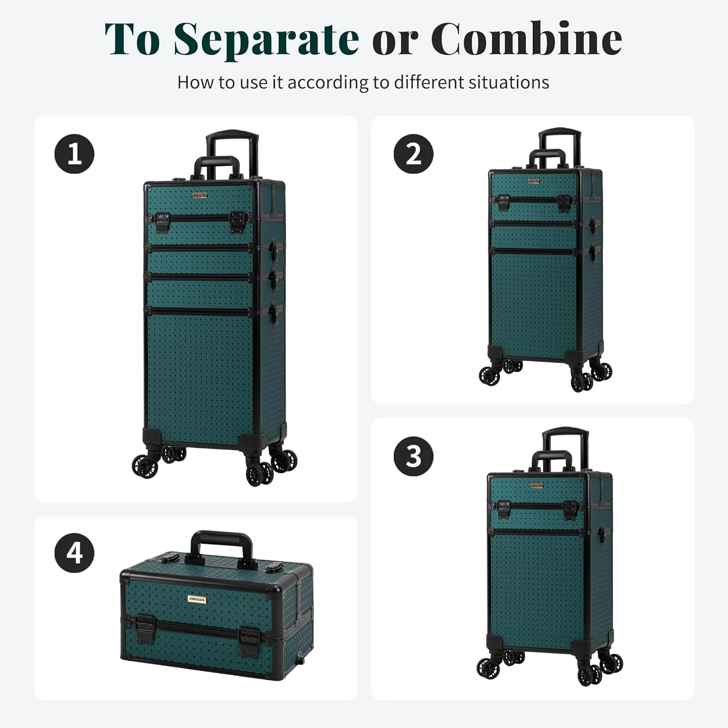4 in 1 Professional Makeup Train Case Aluminum Cosmetic Case Rolling Makeup Case Extra Large Trolley Makeup Travel Organizer, with 360° Swivel Wheels for Make Up Hairstylists Nail Tech