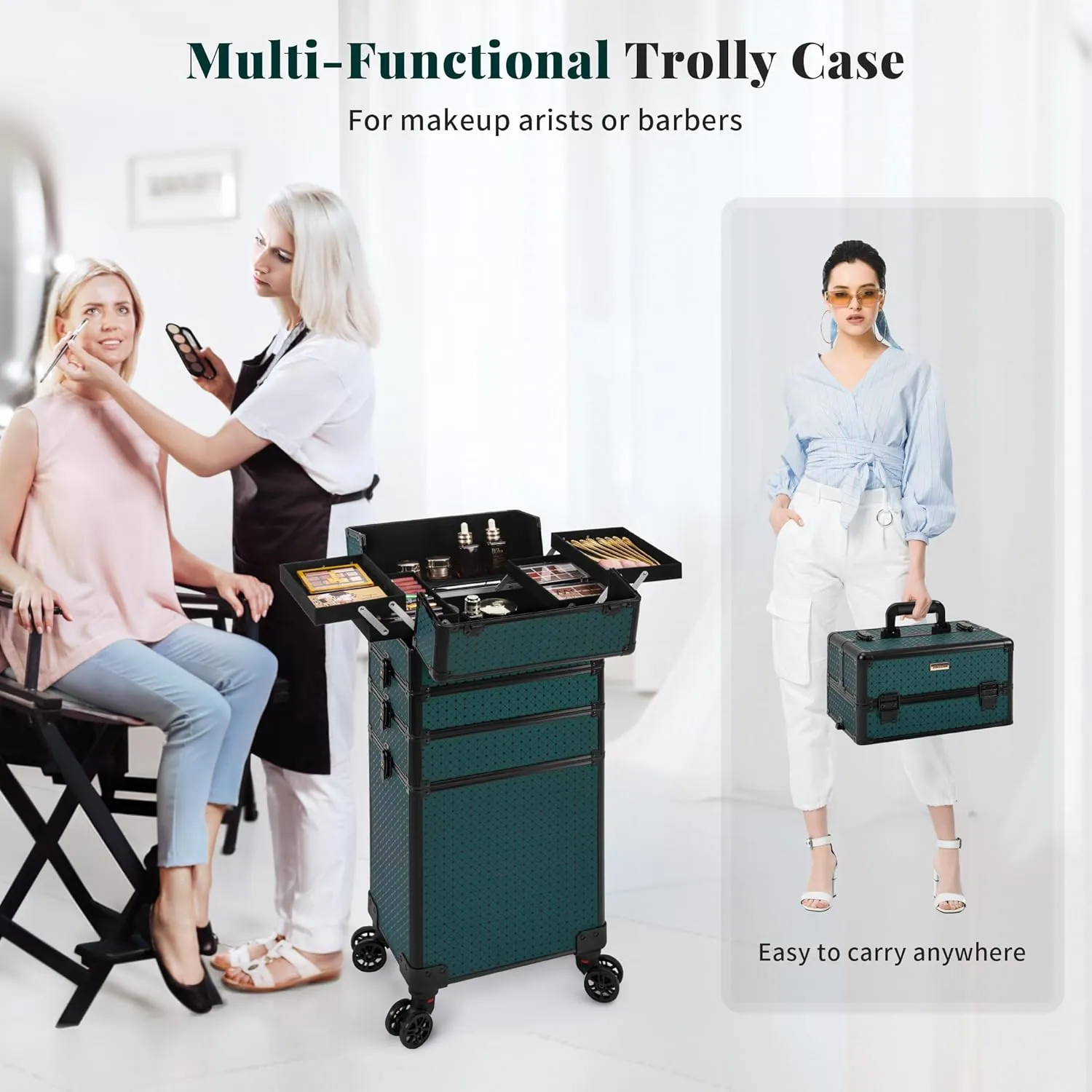 4 in 1 Professional Makeup Train Case Aluminum Cosmetic Case Rolling Makeup Case Extra Large Trolley Makeup Travel Organizer, with 360° Swivel Wheels for Make Up Hairstylists Nail Tech