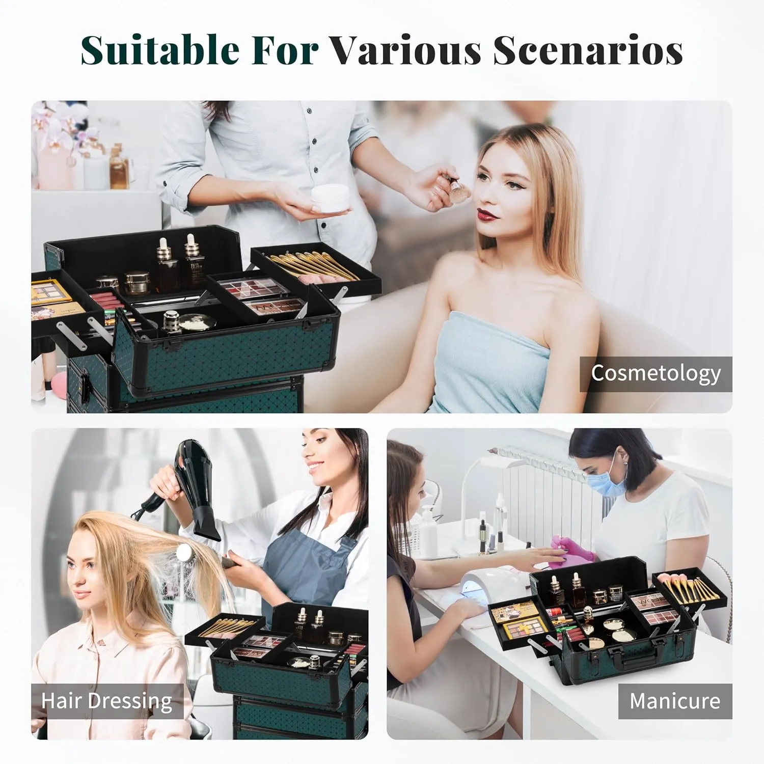 4 in 1 Professional Makeup Train Case Aluminum Cosmetic Case Rolling Makeup Case Extra Large Trolley Makeup Travel Organizer, with 360° Swivel Wheels for Make Up Hairstylists Nail Tech