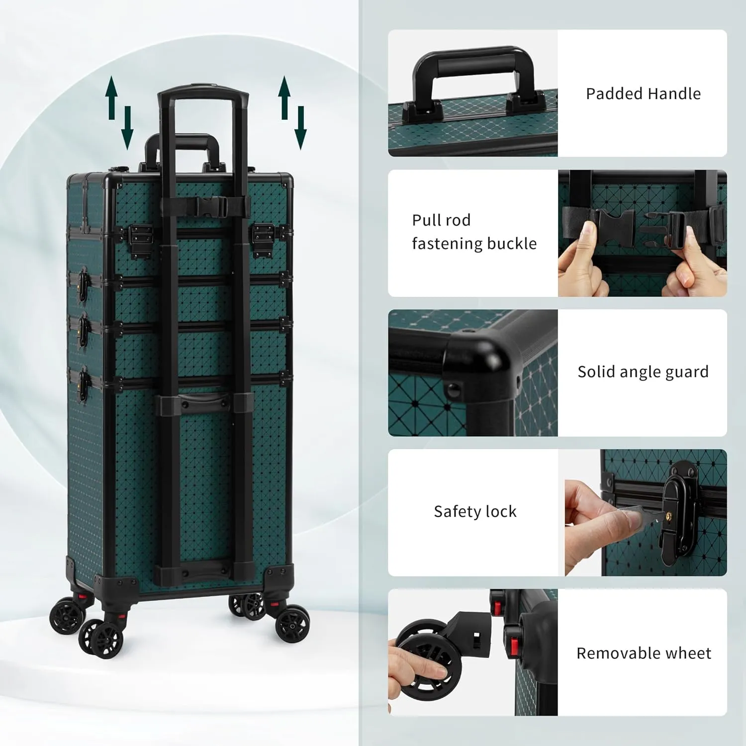 4 in 1 Professional Makeup Train Case Aluminum Cosmetic Case Rolling Makeup Case Extra Large Trolley Makeup Travel Organizer, with 360° Swivel Wheels for Make Up Hairstylists Nail Tech