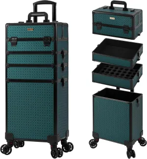 4 in 1 Professional Makeup Train Case Aluminum Cosmetic Case Rolling Makeup Case Extra Large Trolley Makeup Travel Organizer, with 360° Swivel Wheels for Make Up Hairstylists Nail Tech