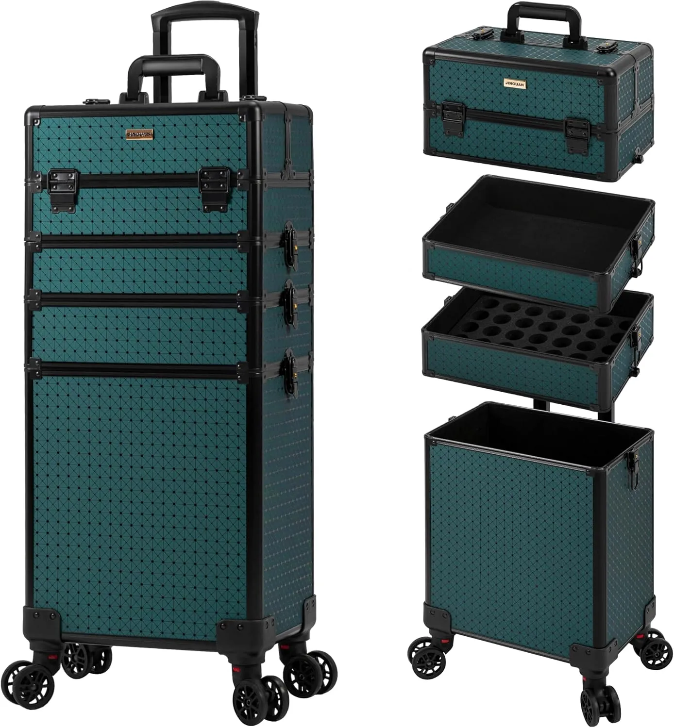 4 in 1 Professional Makeup Train Case Aluminum Cosmetic Case Rolling Makeup Case Extra Large Trolley Makeup Travel Organizer, with 360° Swivel Wheels for Make Up Hairstylists Nail Tech