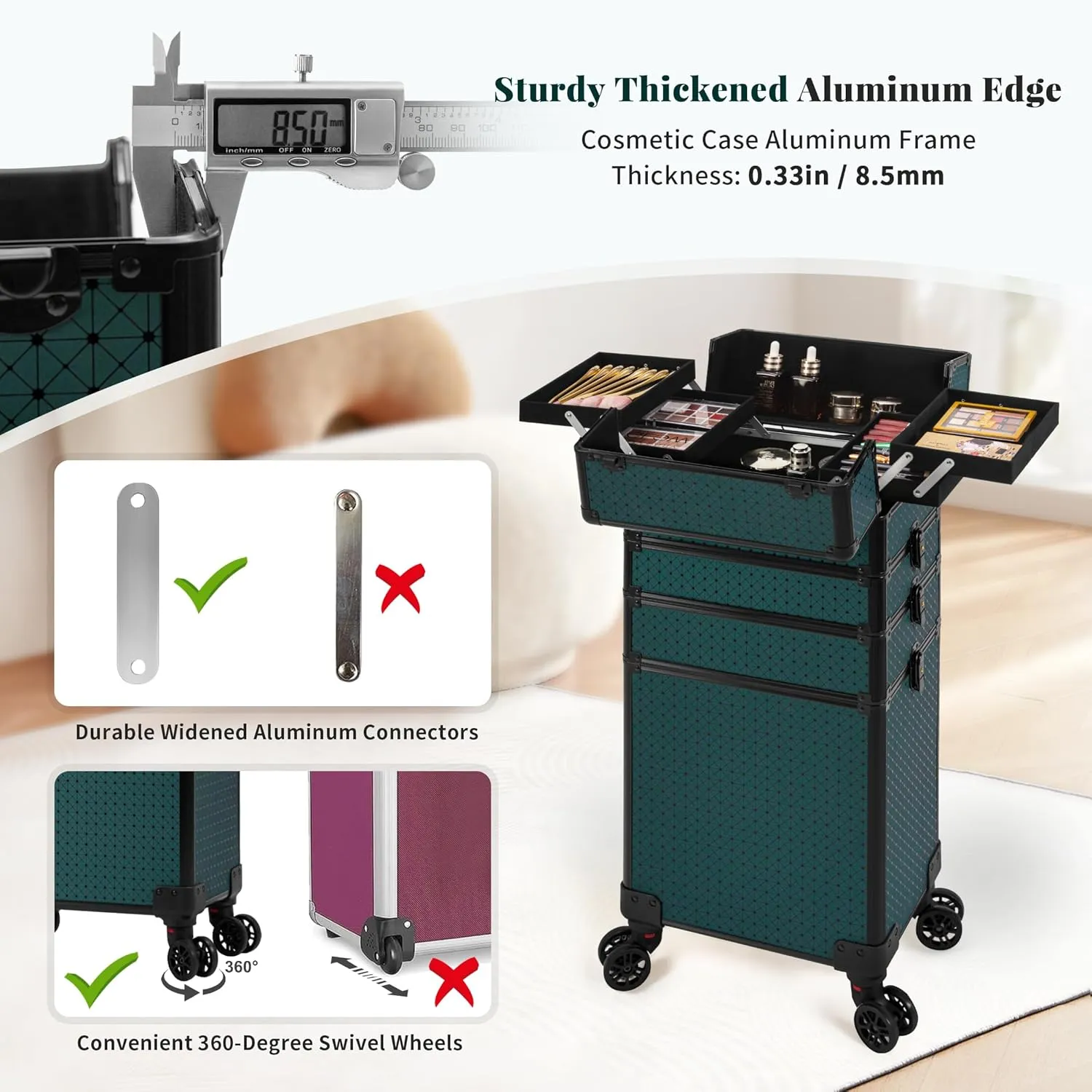4 in 1 Professional Makeup Train Case Aluminum Cosmetic Case Rolling Makeup Case Extra Large Trolley Makeup Travel Organizer, with 360° Swivel Wheels for Make Up Hairstylists Nail Tech