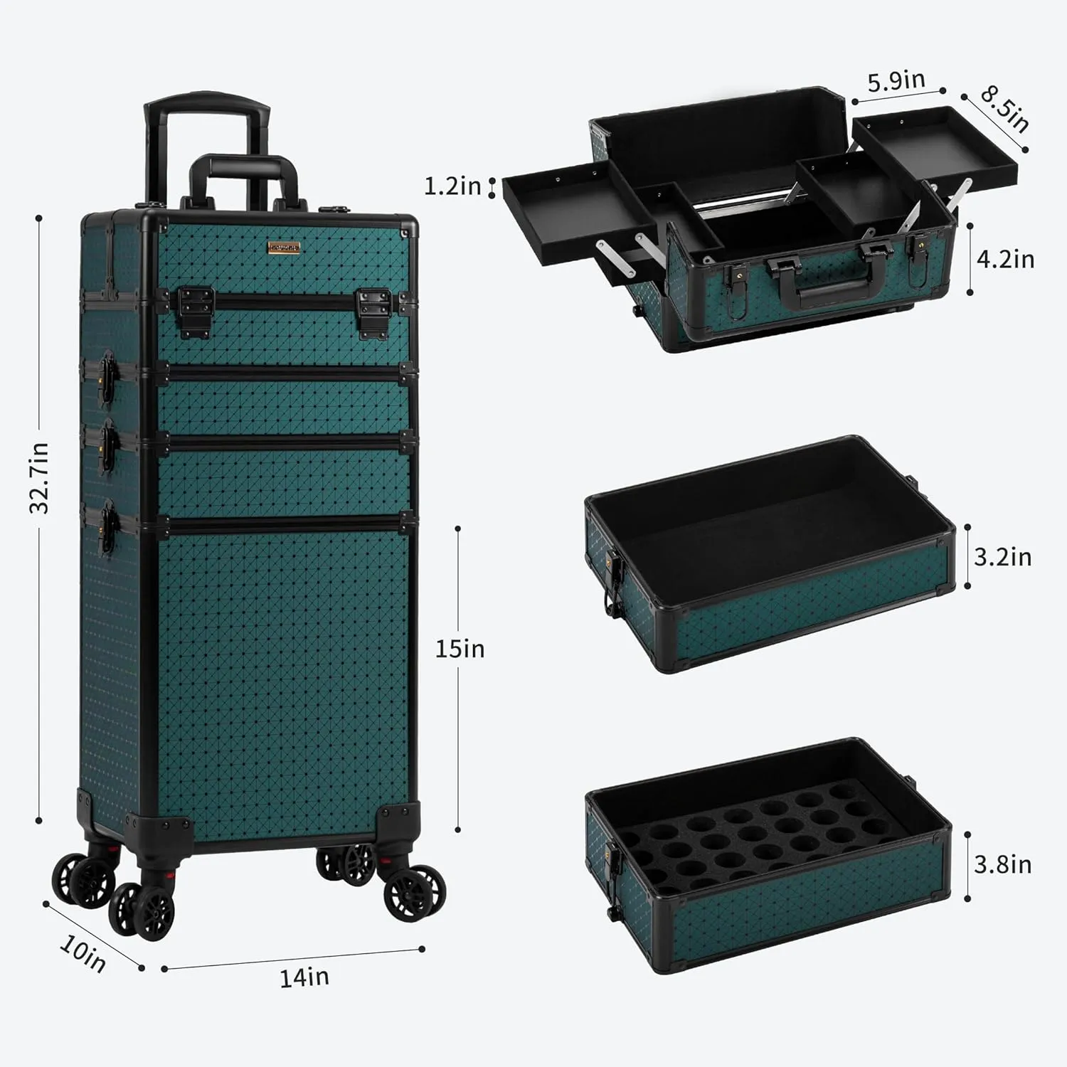 4 in 1 Professional Makeup Train Case Aluminum Cosmetic Case Rolling Makeup Case Extra Large Trolley Makeup Travel Organizer, with 360° Swivel Wheels for Make Up Hairstylists Nail Tech