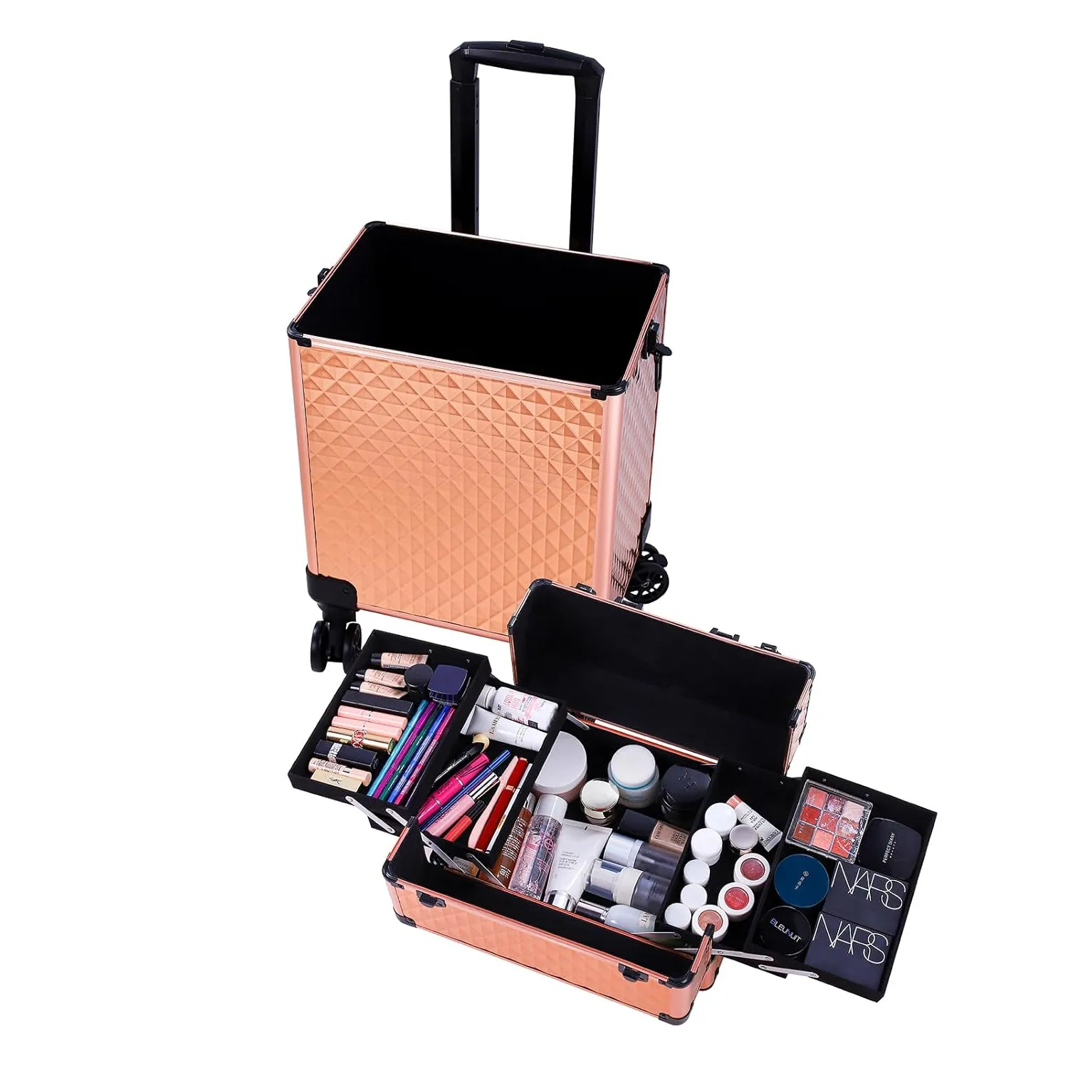 4 in 1 Rolling Makeup Train Case, Professional Aluminum Makeup Travel Organizer Cosmetic Case, Cosmetology Caboodle Case on 360° Wheels, Beauty Storage Luggage Lockable(Rose Gold)
