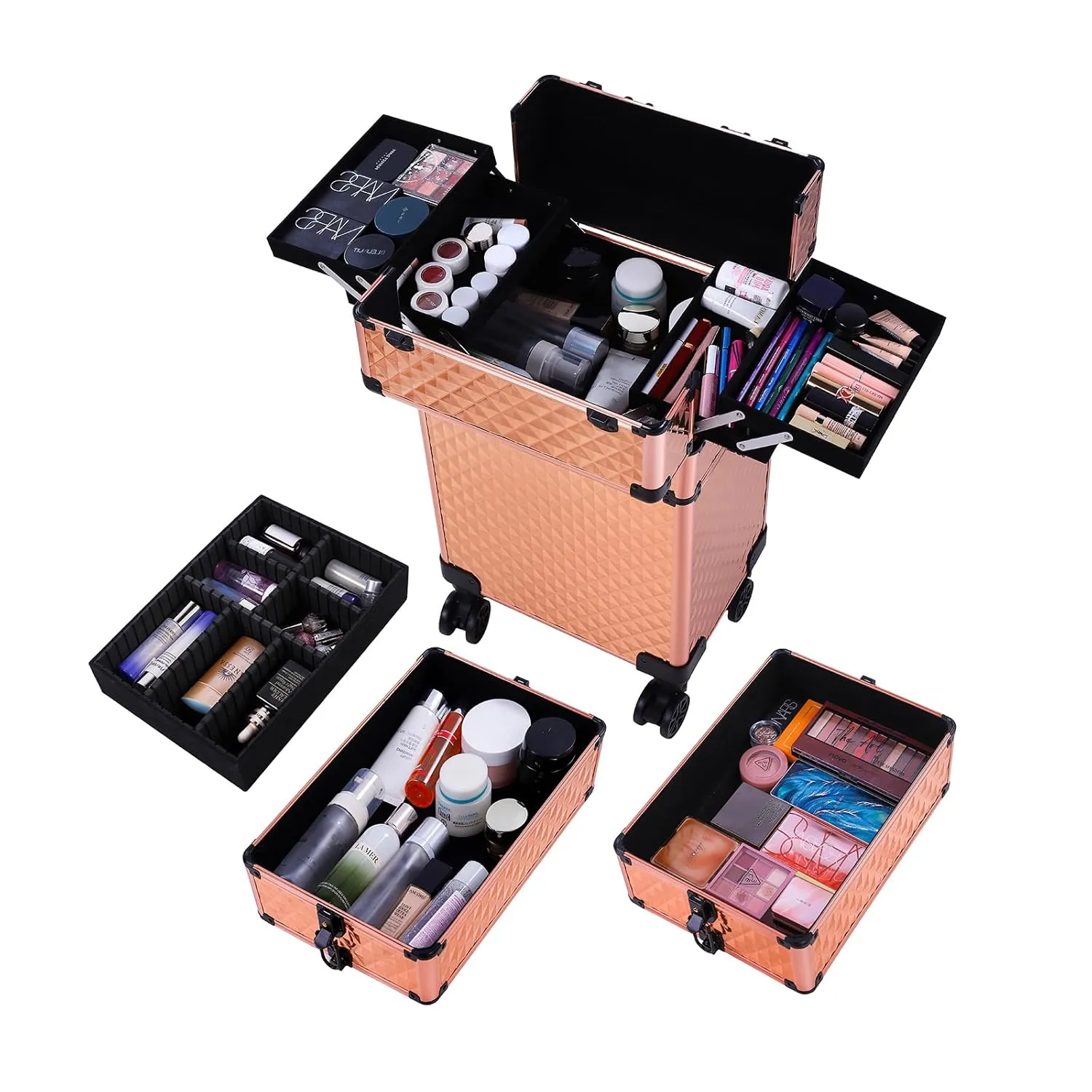 4 in 1 Rolling Makeup Train Case, Professional Aluminum Makeup Travel Organizer Cosmetic Case, Cosmetology Caboodle Case on 360° Wheels, Beauty Storage Luggage Lockable(Rose Gold)