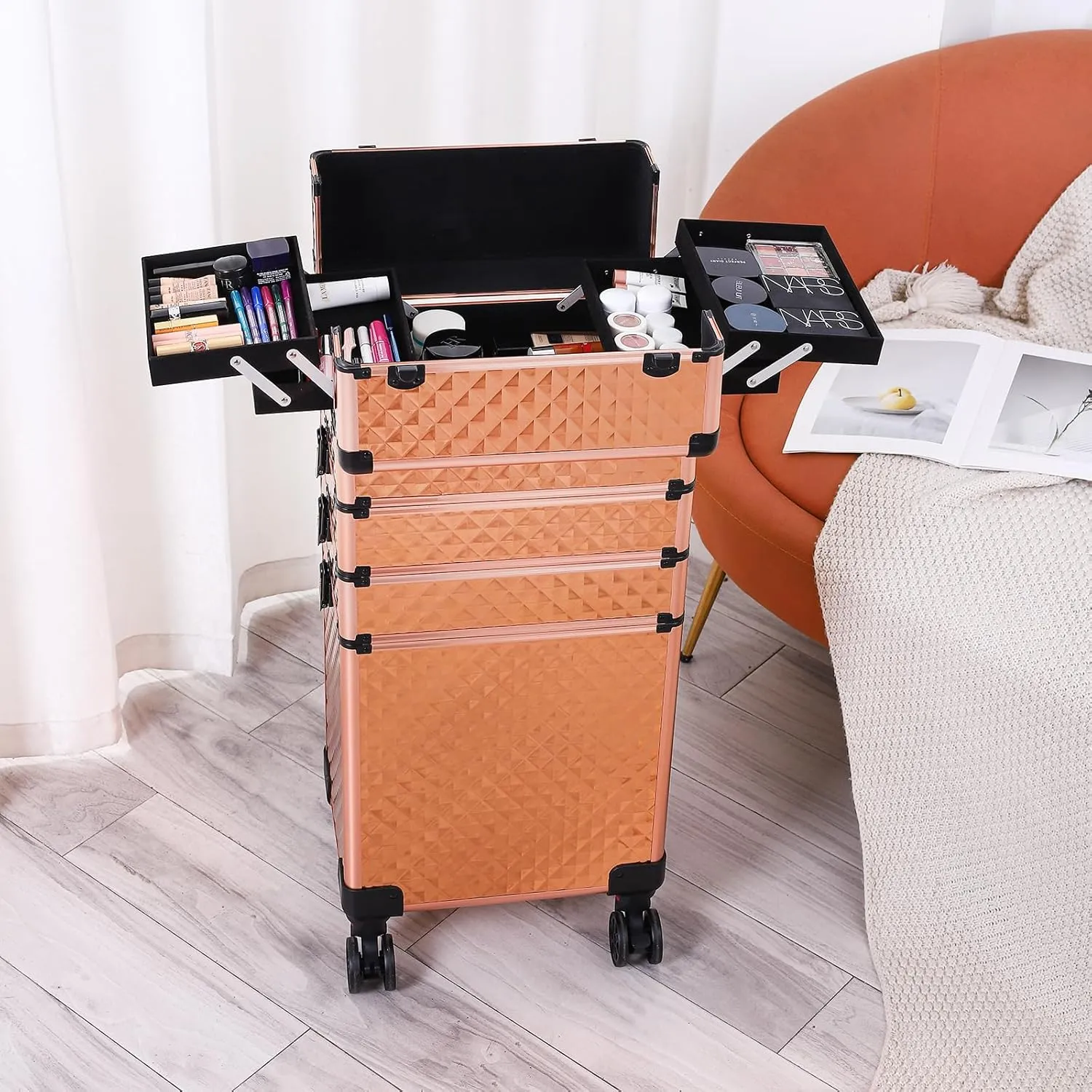 4 in 1 Rolling Makeup Train Case, Professional Aluminum Makeup Travel Organizer Cosmetic Case, Cosmetology Caboodle Case on 360° Wheels, Beauty Storage Luggage Lockable(Rose Gold)