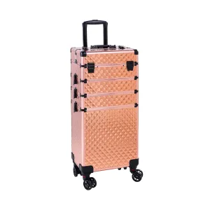 4 in 1 Rolling Makeup Train Case, Professional Aluminum Makeup Travel Organizer Cosmetic Case, Cosmetology Caboodle Case on 360° Wheels, Beauty Storage Luggage Lockable(Rose Gold)