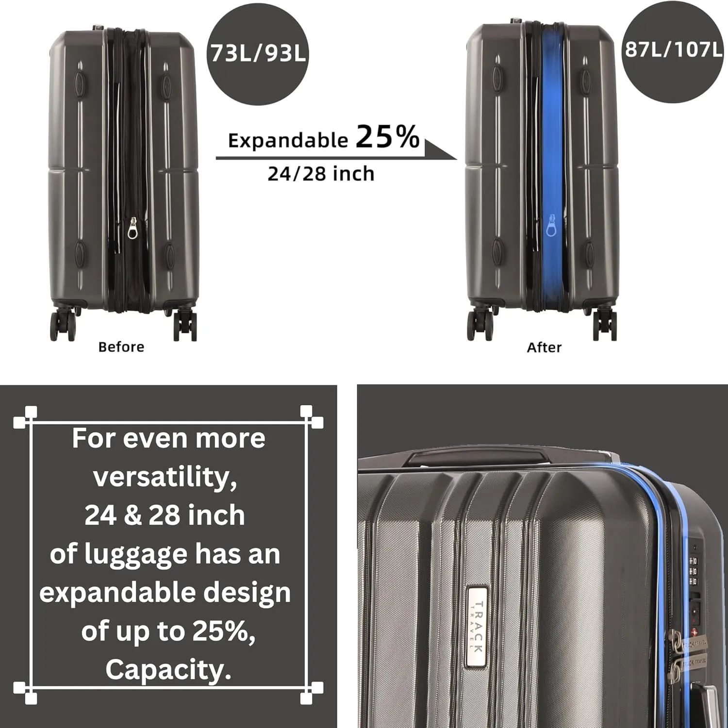 4 Piece Luggage Set ABS PC Expandable Hardshell TSA Lock Aluminum Trolley Spinner Wheels (Dark Grey, 4 Piece Set)