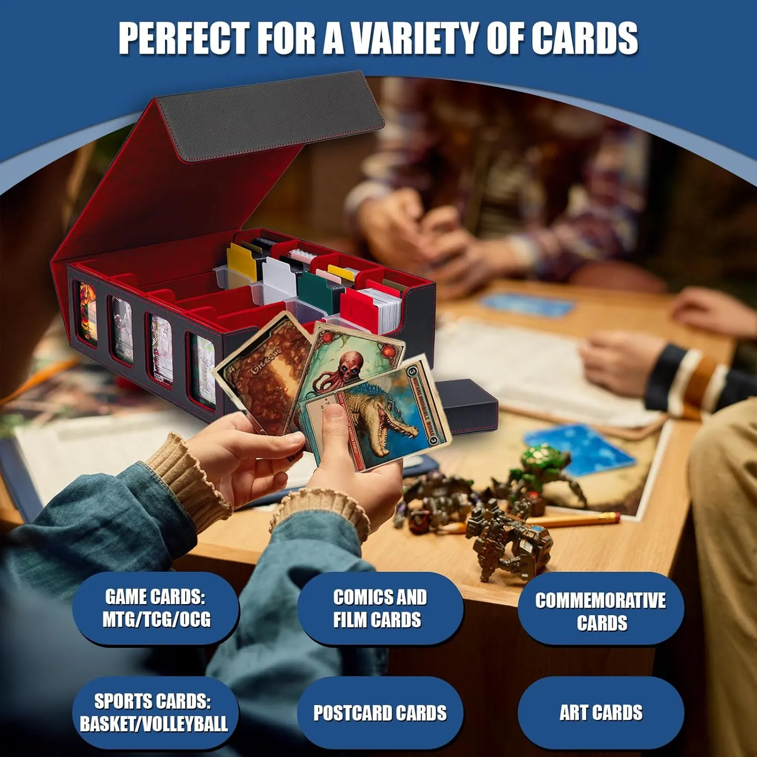 4 Row Trading Card Storage Box MTG Commander Deck Box TCG Card Storage Box for Toploader, Card Organizer Box with Dividers Front Window for Toploaders, Black Red