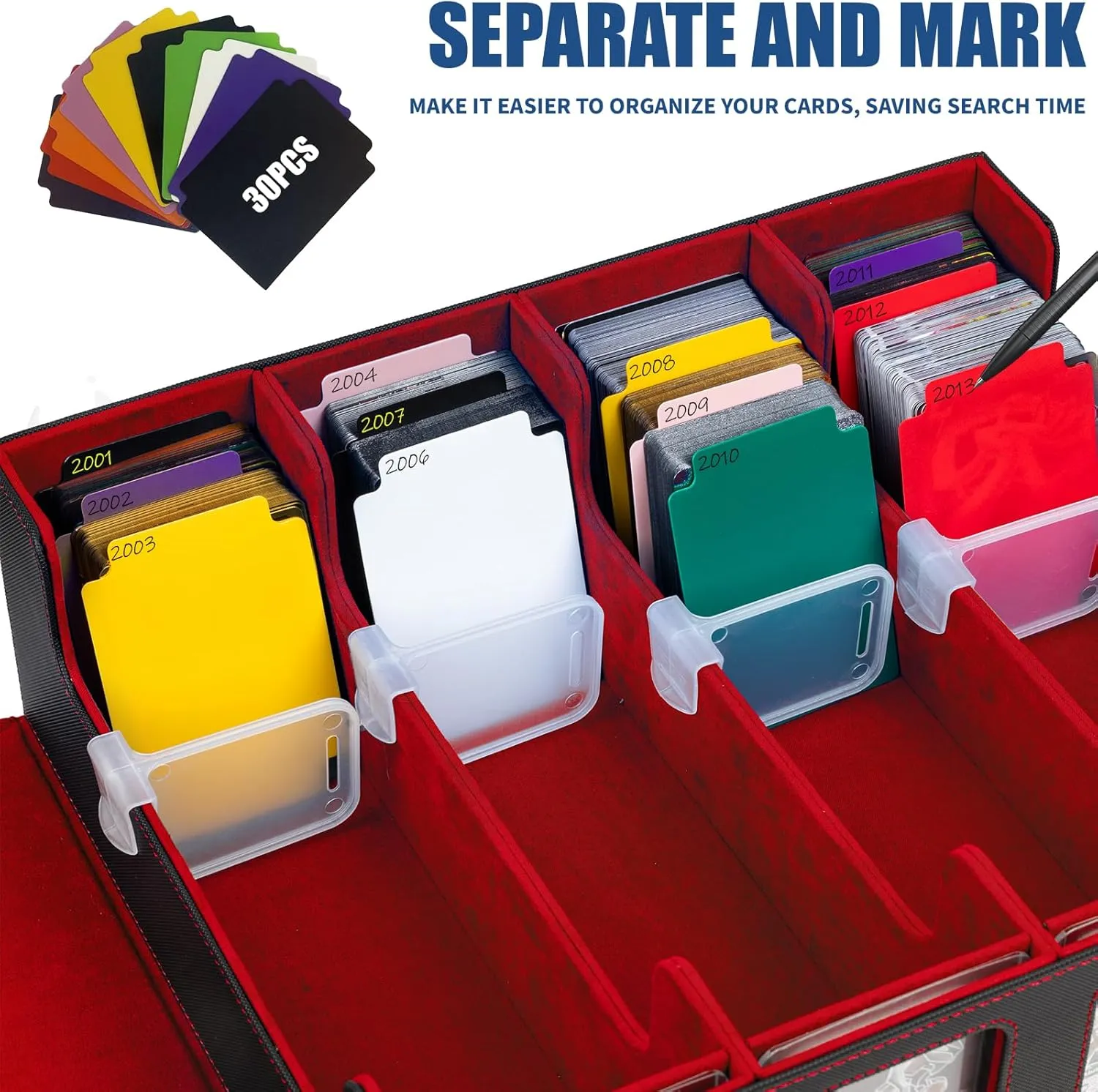 4 Row Trading Card Storage Box MTG Commander Deck Box TCG Card Storage Box for Toploader, Card Organizer Box with Dividers Front Window for Toploaders, Black Red