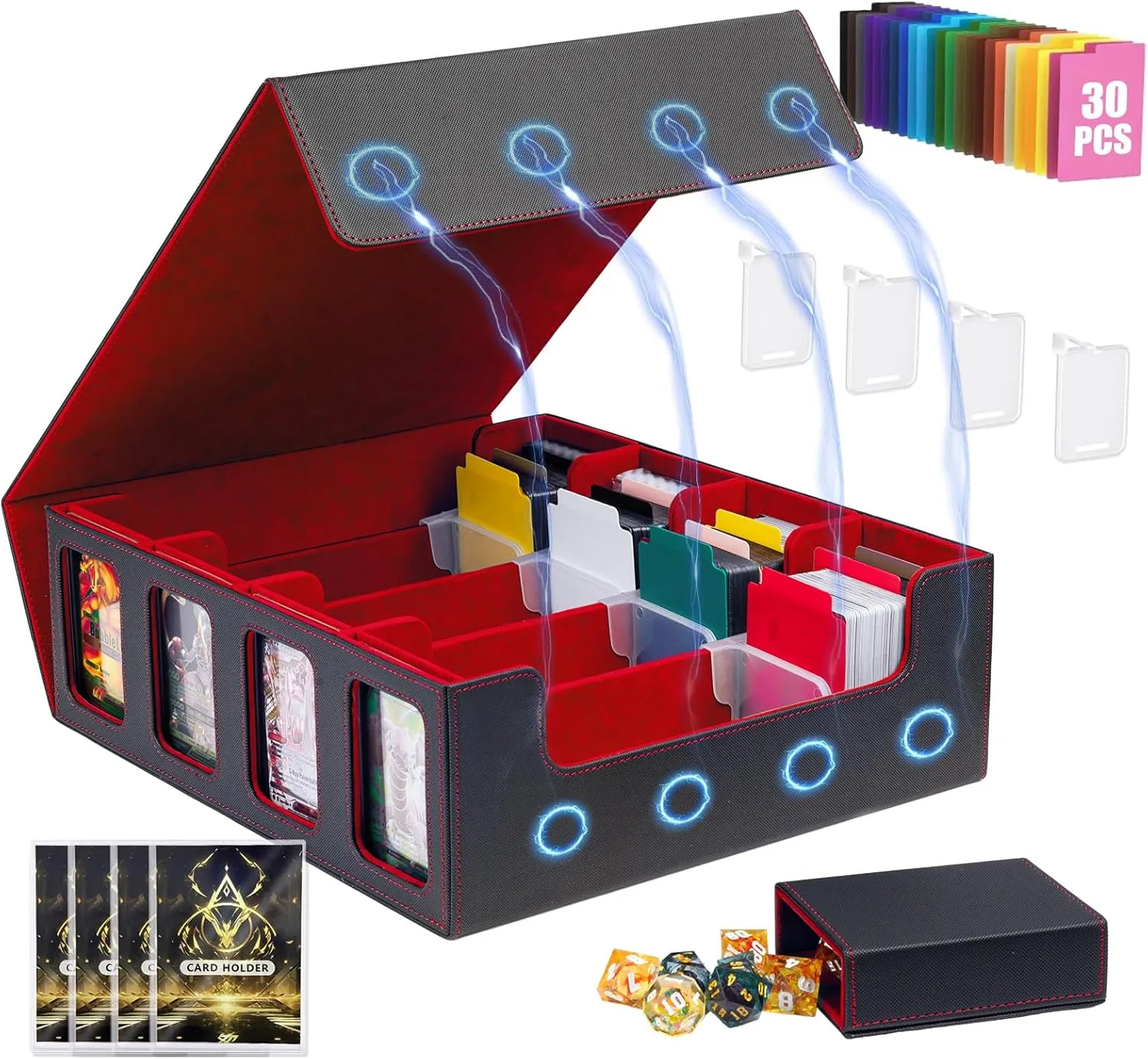 4 Row Trading Card Storage Box MTG Commander Deck Box TCG Card Storage Box for Toploader, Card Organizer Box with Dividers Front Window for Toploaders, Black Red