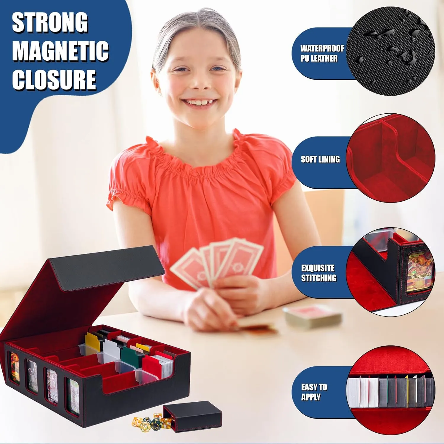 4 Row Trading Card Storage Box MTG Commander Deck Box TCG Card Storage Box for Toploader, Card Organizer Box with Dividers Front Window for Toploaders, Black Red