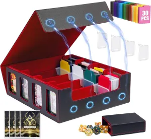 4 Row Trading Card Storage Box MTG Commander Deck Box TCG Card Storage Box for Toploader, Card Organizer Box with Dividers Front Window for Toploaders, Black Red