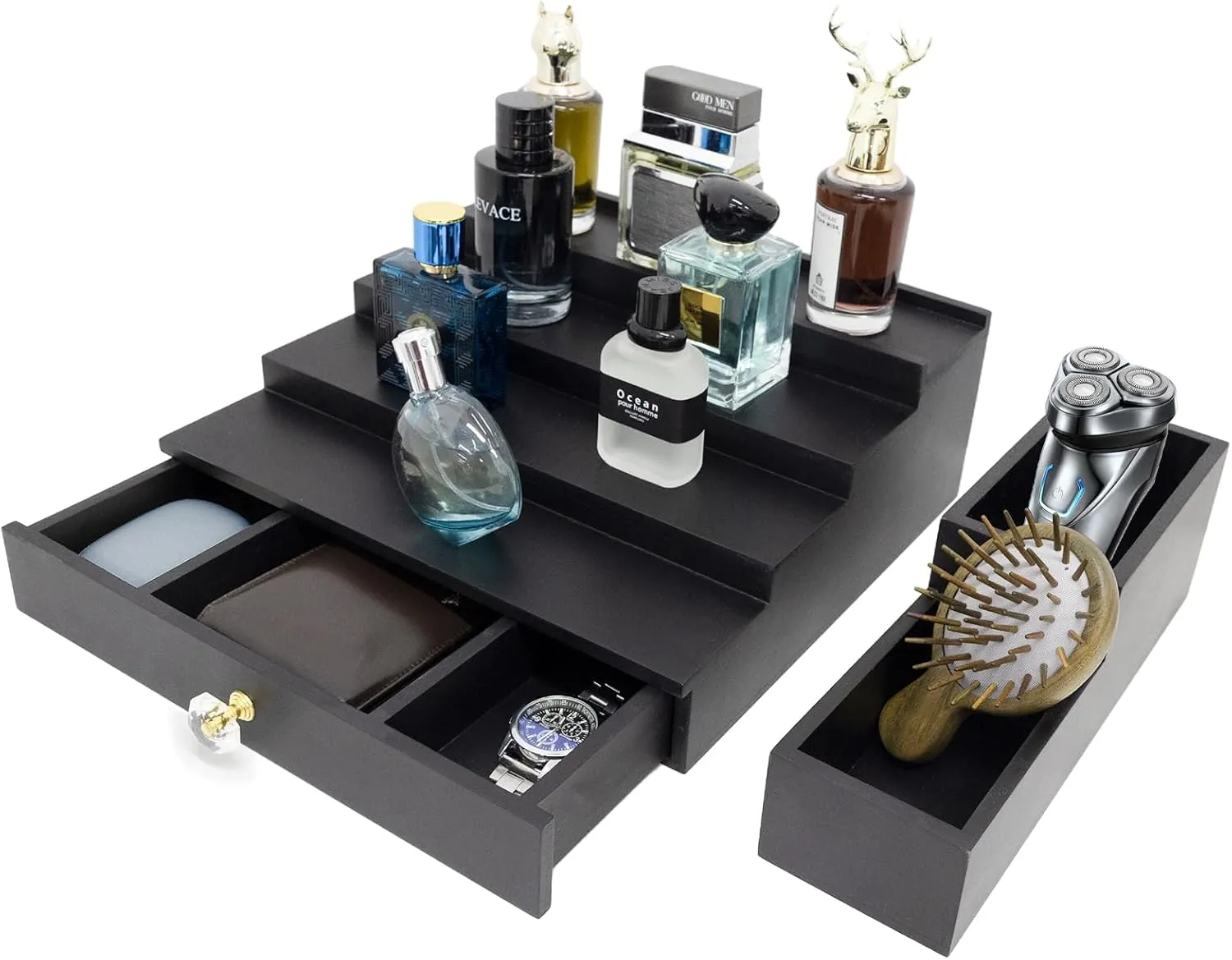 4 Tier Cologne Organizer Cologne Stand with Drawer and Hidden Compartment Cologne Holder for Men, Wood, Perfume Holder 2 in 1 Dresser Bathroom Organizer Men Room Essentials