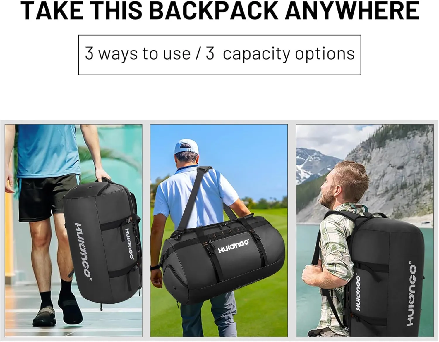 40L/60L/90L Large Waterproof Duffle Bag Backpack for Men, Mens Duffel Backpack Bags for Traveling, Heavy Duty (Black, 40L)