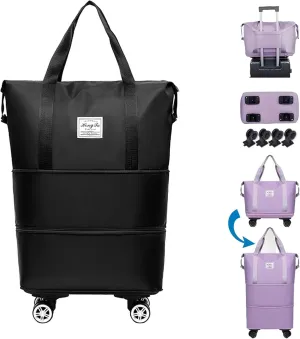 45L Pepepo Travel Bag with Wheels, 2025 New Large Fold Capacity Travel Bag Waterproof Expandable- Universal Wheel Removable for Women Men Airplane Carry on (Black)