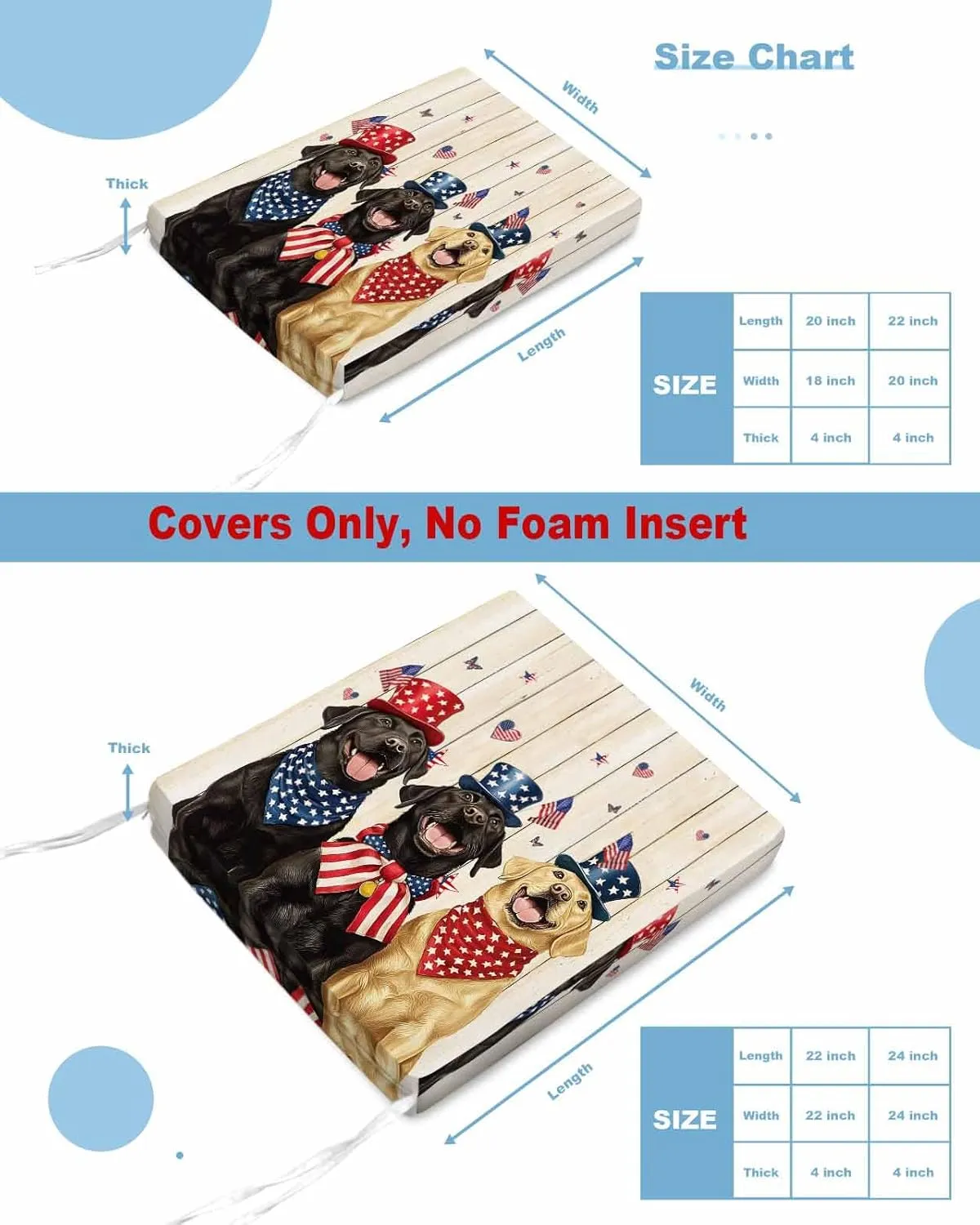 4th of July Outdoor Cushion Chair Cover Set of 2 - Waterproof Couch Seat Covers, Black Yellow Dogs Independence Day Wooden Patio Furniture Protector Cushions Slipcovers for Sofa/RV, 22"x22"x4"