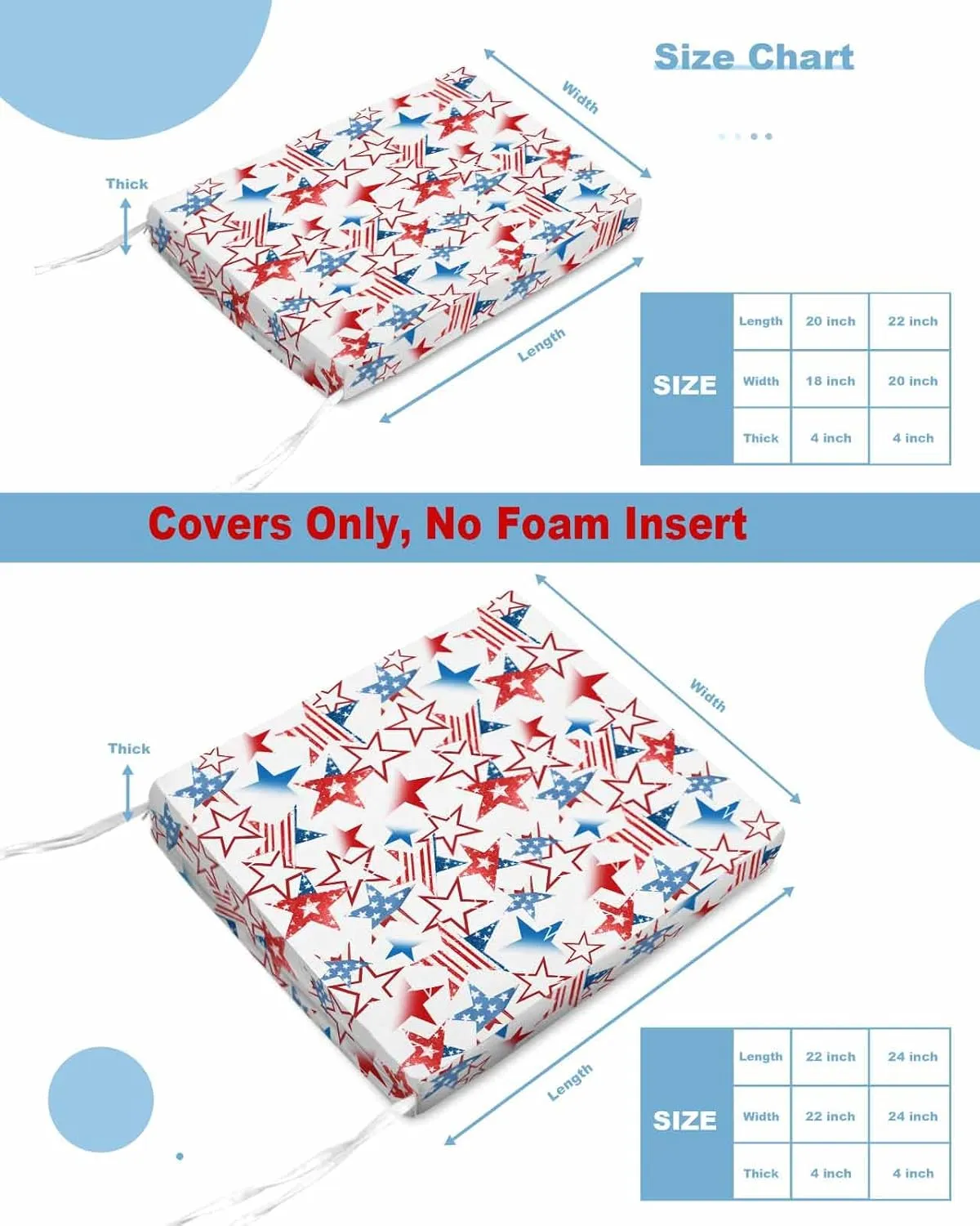 4th of July Outdoor Cushion Chair Cover Set of 2 - Waterproof Couch Seat Covers, Navy Blue Red Star Independence Day Patio Furniture Protector Cushions Slipcovers for Sofa/RV, 22"x22"x4"