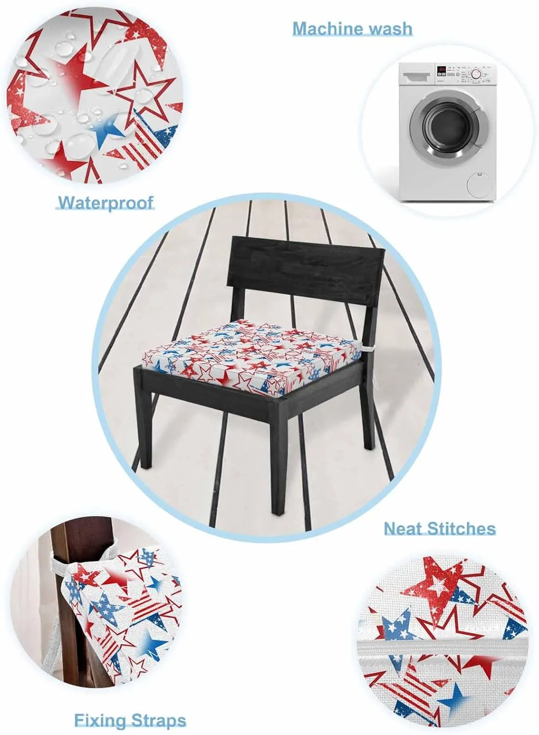 4th of July Outdoor Cushion Chair Cover Set of 2 - Waterproof Couch Seat Covers, Navy Blue Red Star Independence Day Patio Furniture Protector Cushions Slipcovers for Sofa/RV, 22"x22"x4"