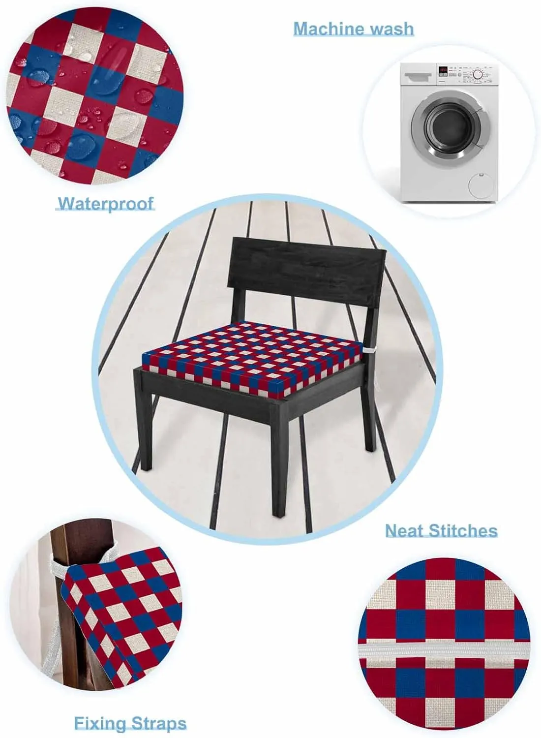4th of July Red Blue Plaid Outdoor Cushion Chair Cover Set of 2 - Waterproof Couch Seat Covers, Independence Day Checkered Patio Furniture Protector Cushions Slipcovers for Sofa/RV, 22"x22"x4"