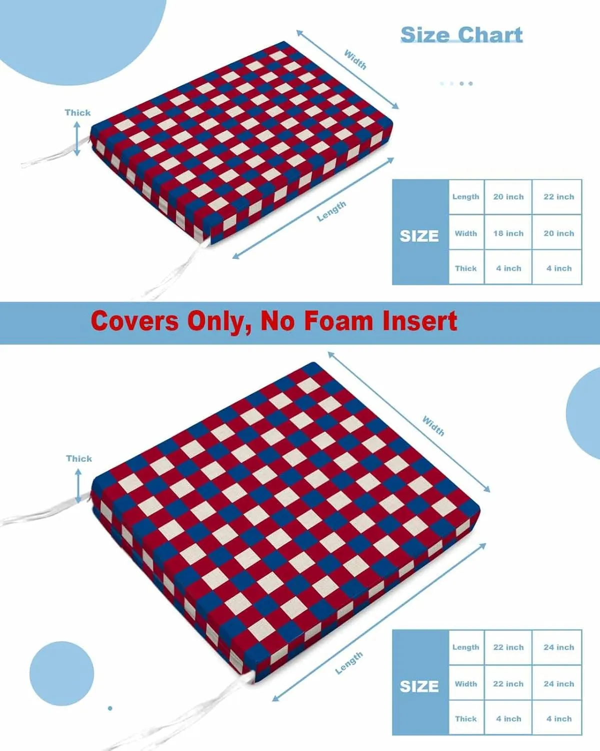 4th of July Red Blue Plaid Outdoor Cushion Chair Cover Set of 2 - Waterproof Couch Seat Covers, Independence Day Checkered Patio Furniture Protector Cushions Slipcovers for Sofa/RV, 22"x22"x4"
