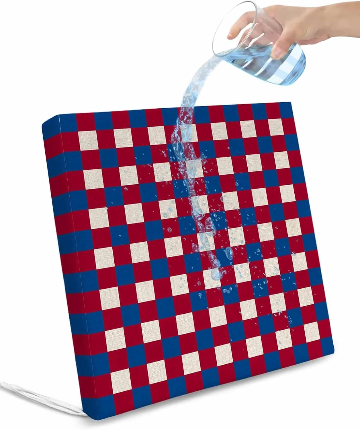 4th of July Red Blue Plaid Outdoor Cushion Chair Cover Set of 2 - Waterproof Couch Seat Covers, Independence Day Checkered Patio Furniture Protector Cushions Slipcovers for Sofa/RV, 22"x22"x4"