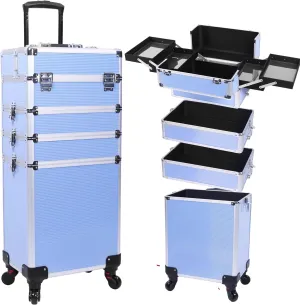 5 in 1 Professional Makeup Train Case Aluminum Cosmetic Case Rolling Makeup Case ExtraLarge Storage Organizer with Key Swivel Wheels Salon Barber Case for Make Up Nail Hairstylists, Blue
