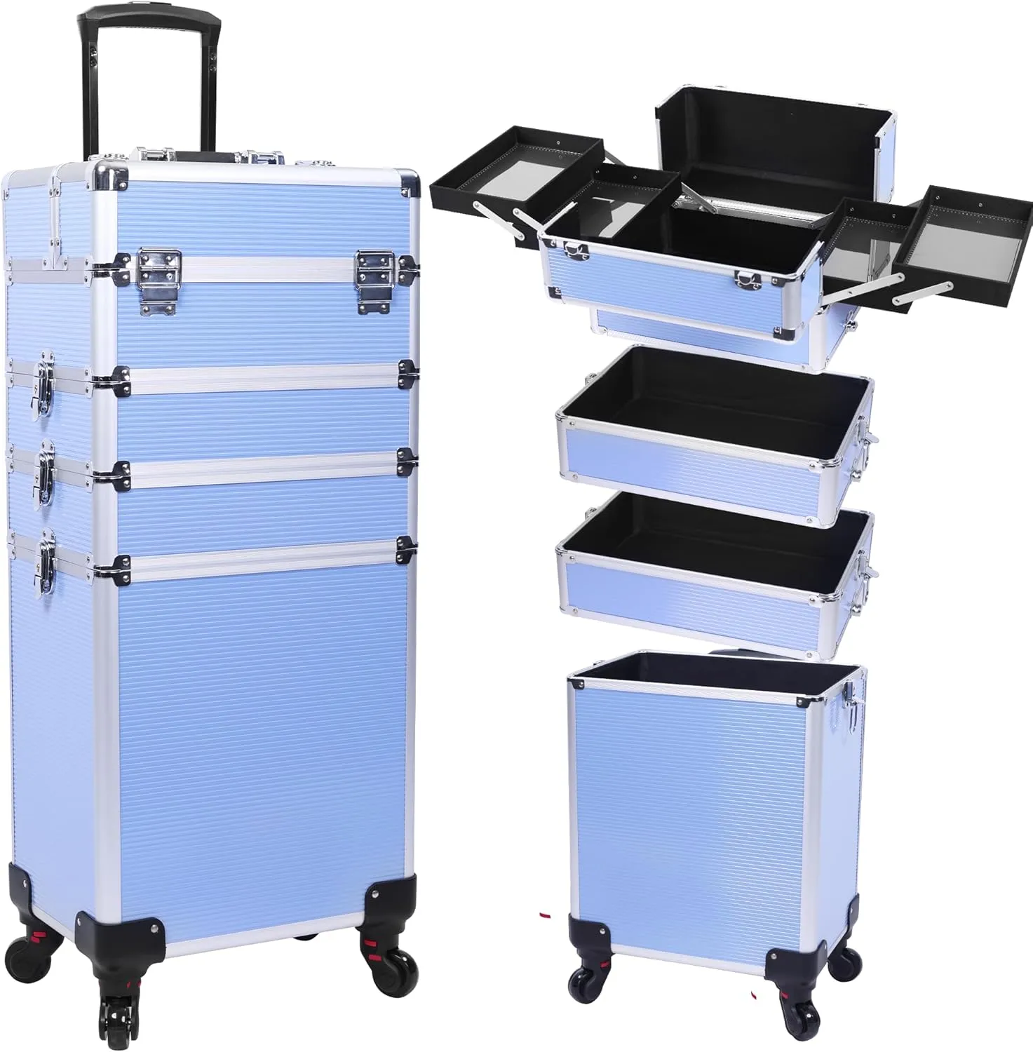 5 in 1 Professional Makeup Train Case Aluminum Cosmetic Case Rolling Makeup Case ExtraLarge Storage Organizer with Key Swivel Wheels Salon Barber Case for Make Up Nail Hairstylists, Blue