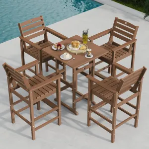 5-Piece Bar Height Outdoor Table and Chairs Set, HDPE Wood Grain Patio Bar Table and Chairs with Heart Cutout Design, Weather-Resistant Bar Height Furniture for Deck, Porch, Pool (Teak)