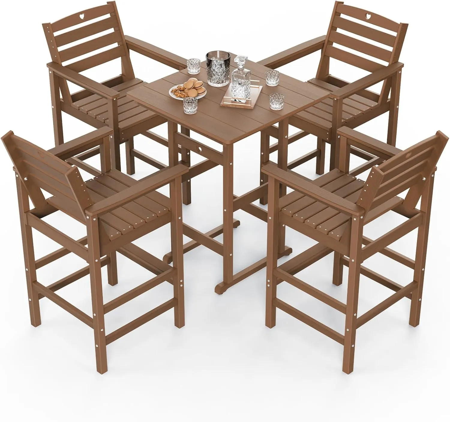 5-Piece Bar Height Outdoor Table and Chairs Set, HDPE Wood Grain Patio Bar Table and Chairs with Heart Cutout Design, Weather-Resistant Bar Height Furniture for Deck, Porch, Pool (Teak)